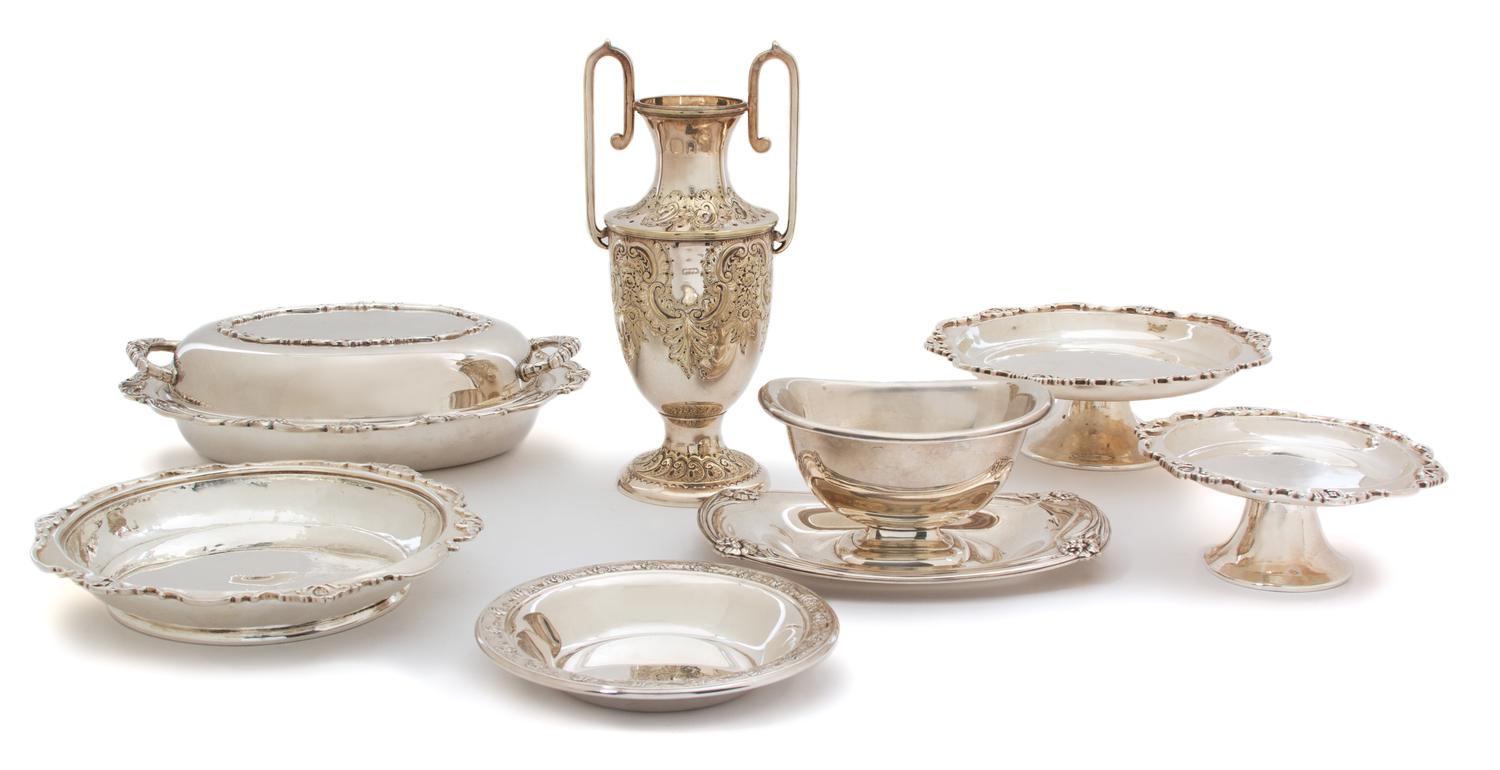 A Group of Seven Miscellaneous Silver Plate Articles Height of urn 10 3/8 inches. — 20TH CENTURY