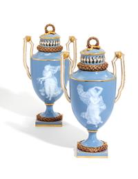 A Pair of Meissen Porcelain Pate-sur-Pate Covered Potpourri Vases Height 12 inches. — 19TH CENTURY