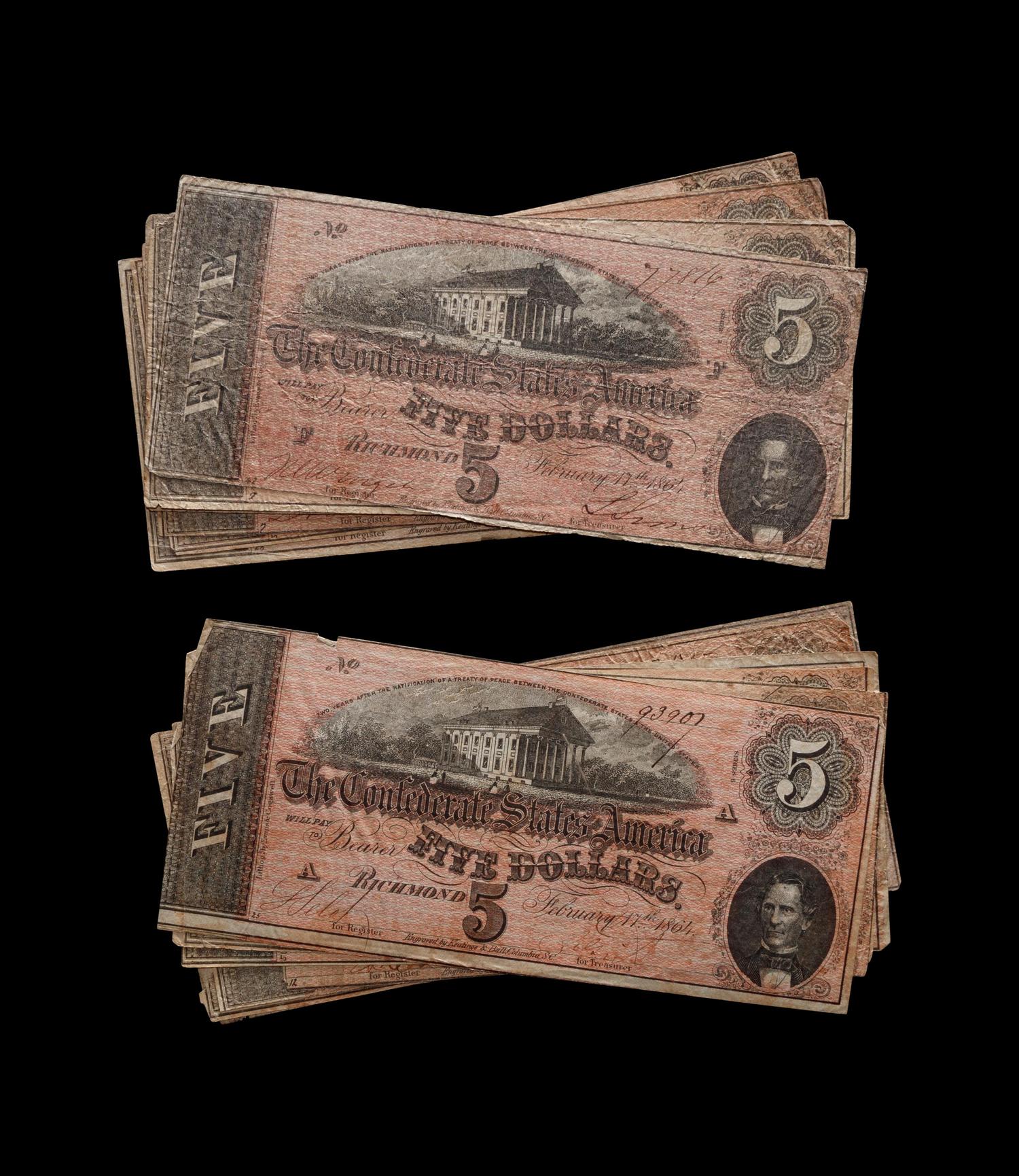 [CONFEDERATE STATES OF AMERICA] A Group of Twenty-Five 1864 T-69 $5 Notes