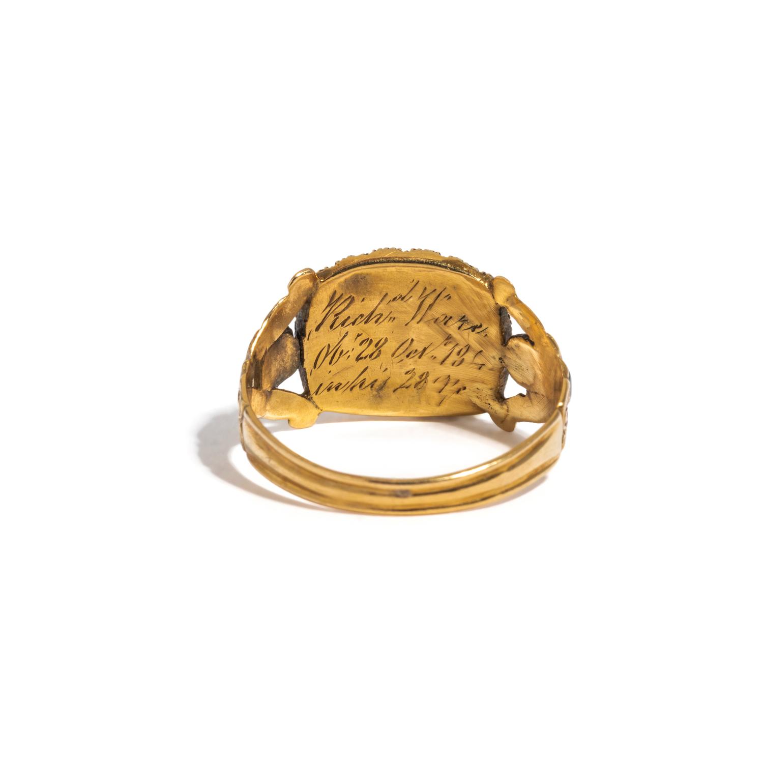 VICTORIAN, YELLOW GOLD, DIAMOND, ENAMEL AND GARNET MOURNING RING