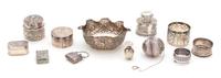 A Miscellaneous Collection of Silver, Various Makers, including 3 vinaigrettes, 2 napkin rings, 2 covered boxes, a locket, a tea strain