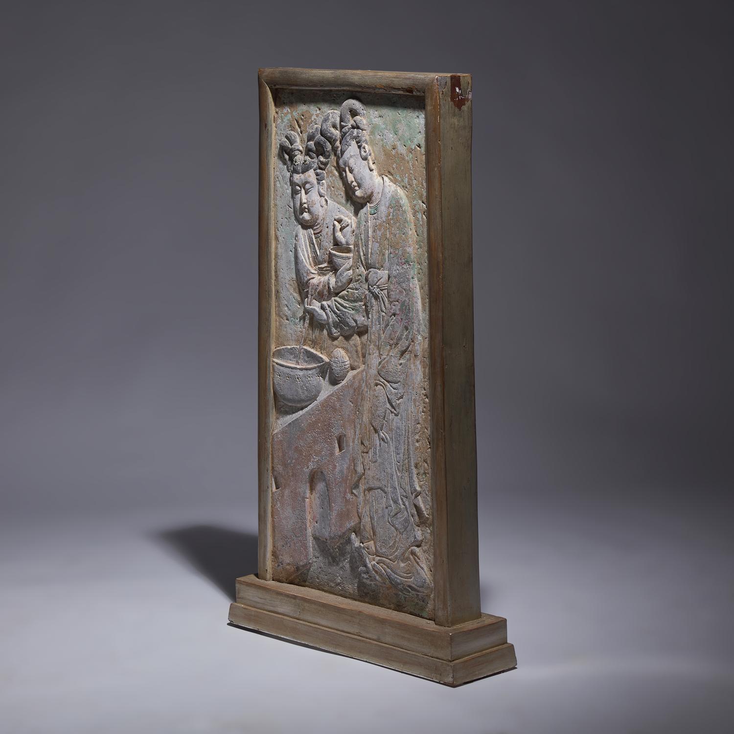 A Rare Chinese Carved and Painted 'Court Ladies' Relief Brick Panel, Late Tang Dynasty-Five Dynasties and Ten Kingdoms 晚唐-五代 彩繪磚雕侍女圖