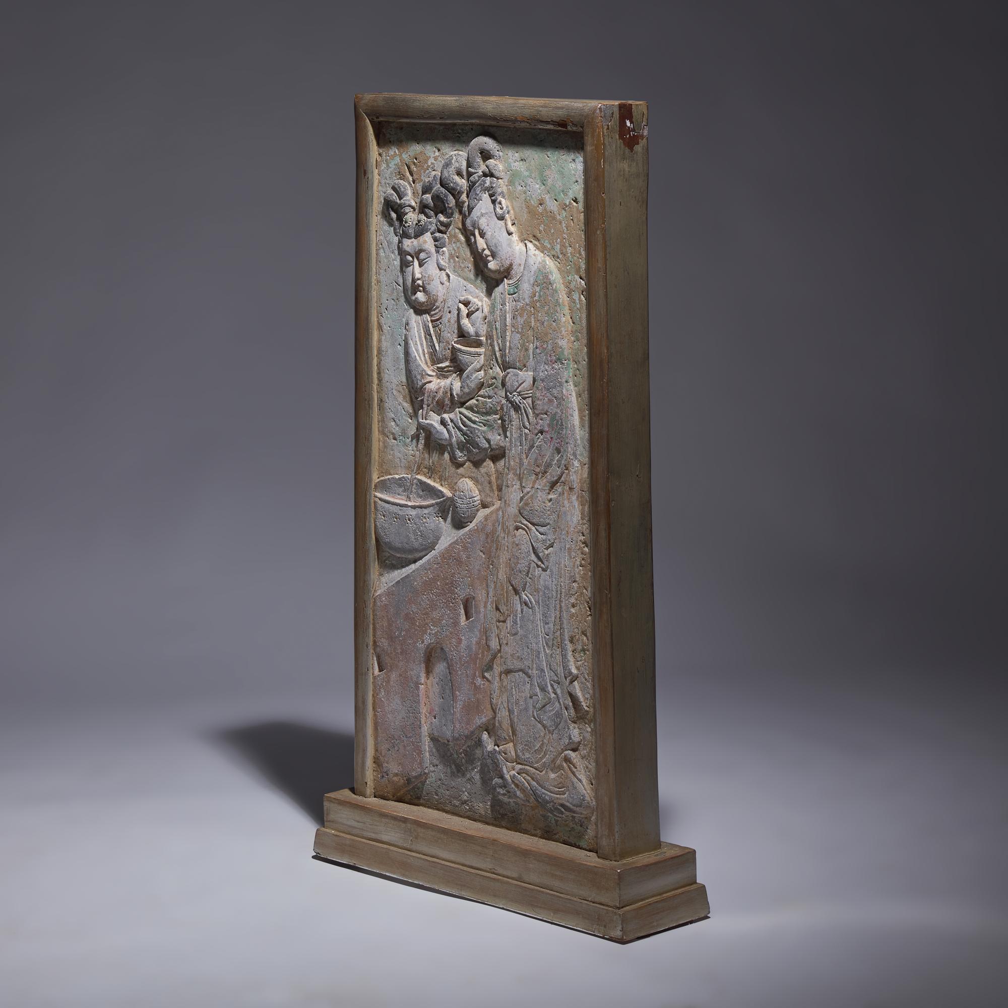 A Rare Chinese Carved and Painted 'Court Ladies' Relief Brick Panel, Late Tang Dynasty-Five Dynasties and Ten Kingdoms 晚唐-五代 彩繪磚雕侍女圖