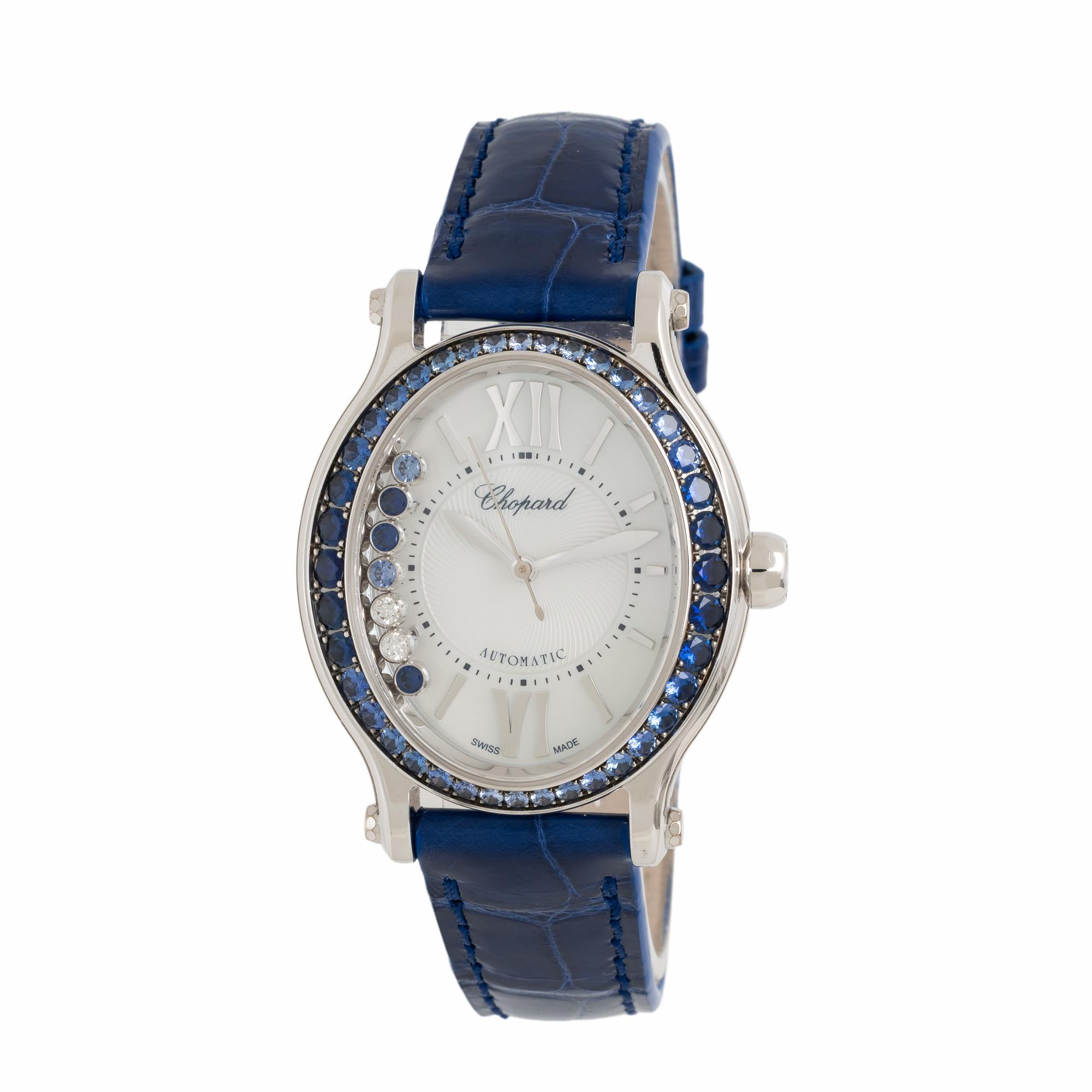 Chopard, 'Happy Sport', 18K White Gold, Sapphire, and Diamond Watch