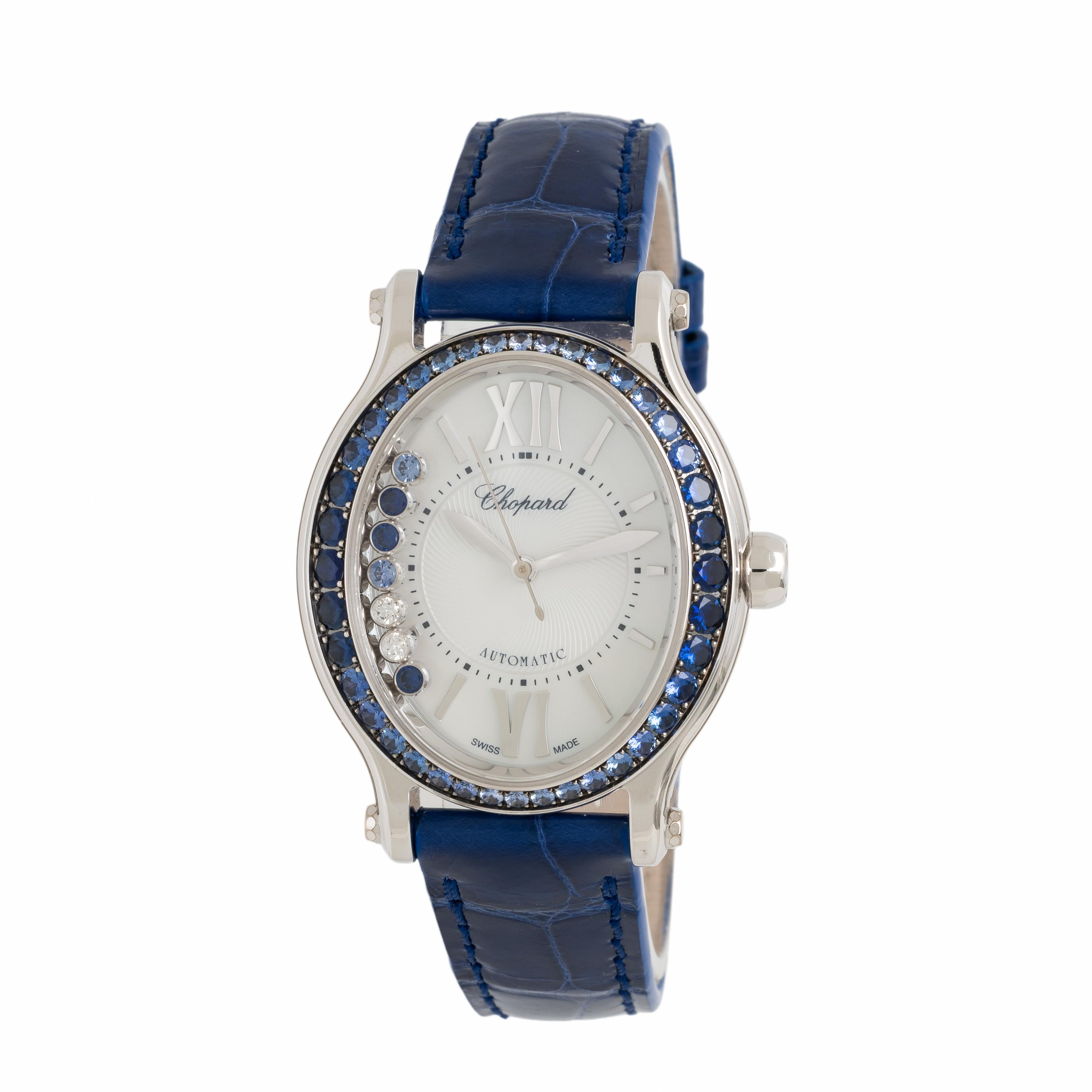 Chopard, 'Happy Sport', 18K White Gold, Sapphire, and Diamond Watch