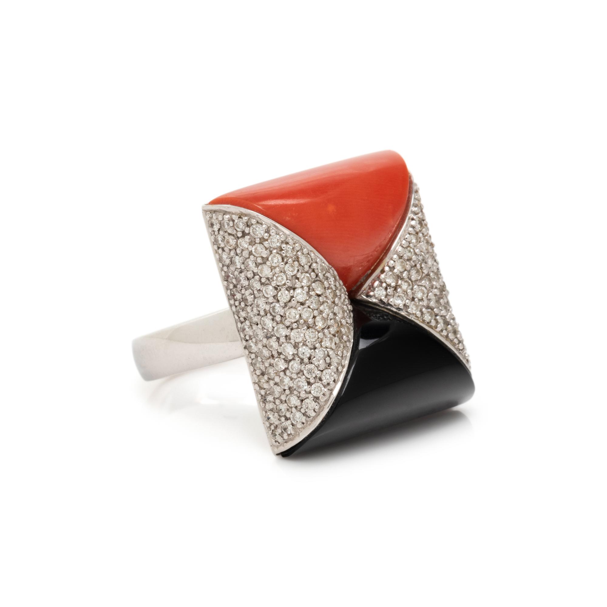DIAMOND, CORAL AND ONYX RING