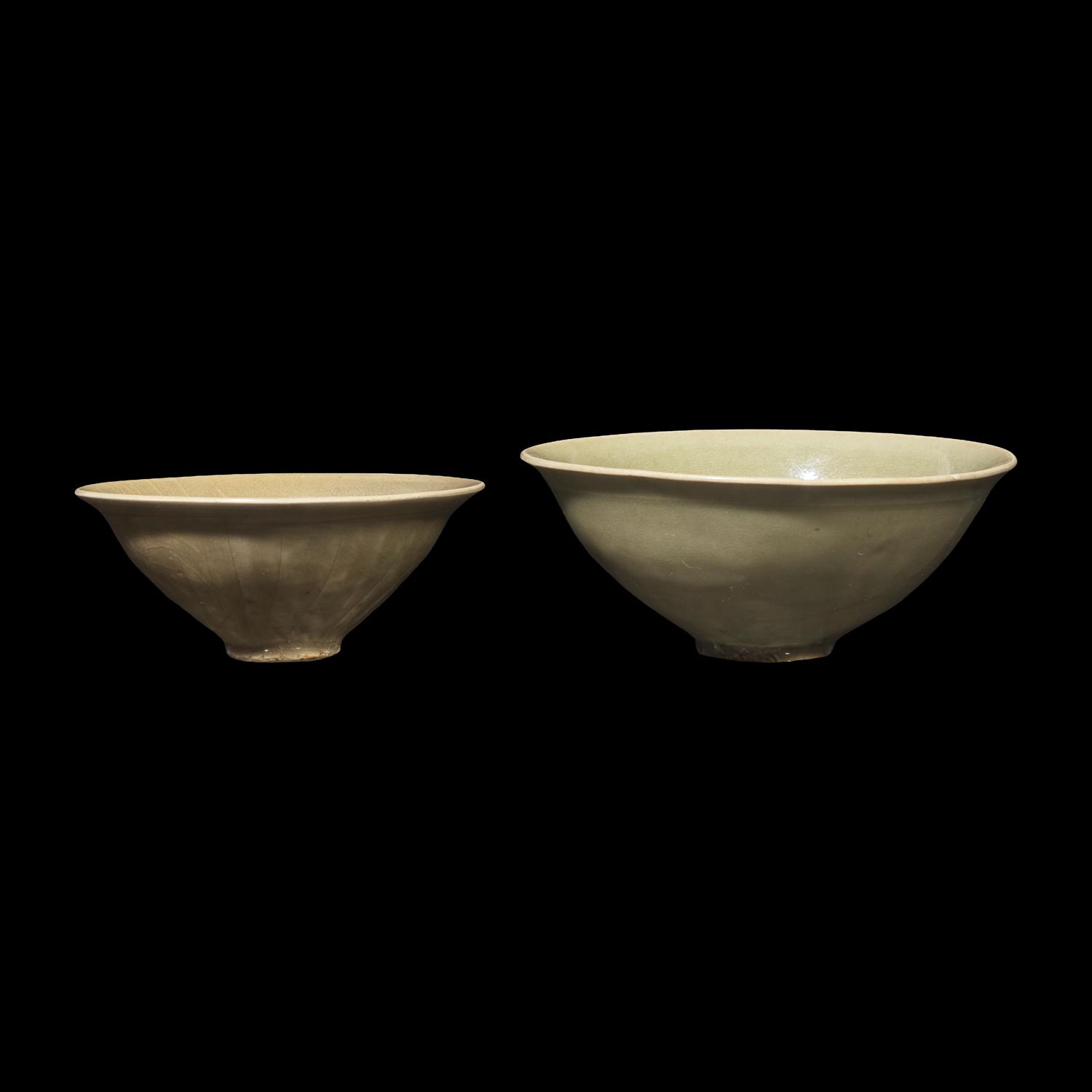Two Chinese Molded Yaozhou Celadon Bowls, Possibly Northern Song Dynasty 或為北宋 耀州窯刻划花碗兩隻