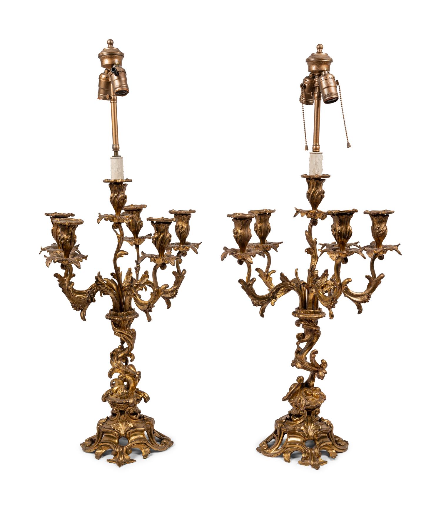 A Pair of Louis XV Style Gilt Bronze Six-Light Candelabra Mounted as Lamps