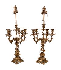 A Pair of Louis XV Style Gilt Bronze Six-Light Candelabra Mounted as Lamps