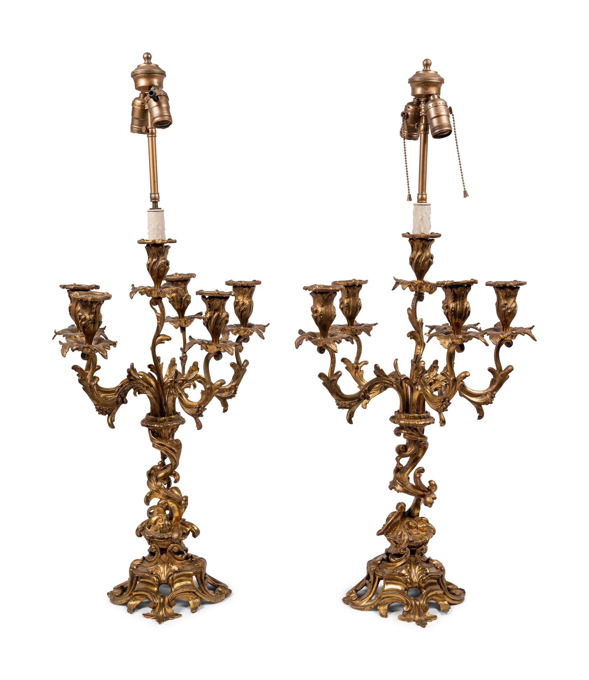 A Pair of Louis XV Style Gilt Bronze Six-Light Candelabra Mounted as Lamps