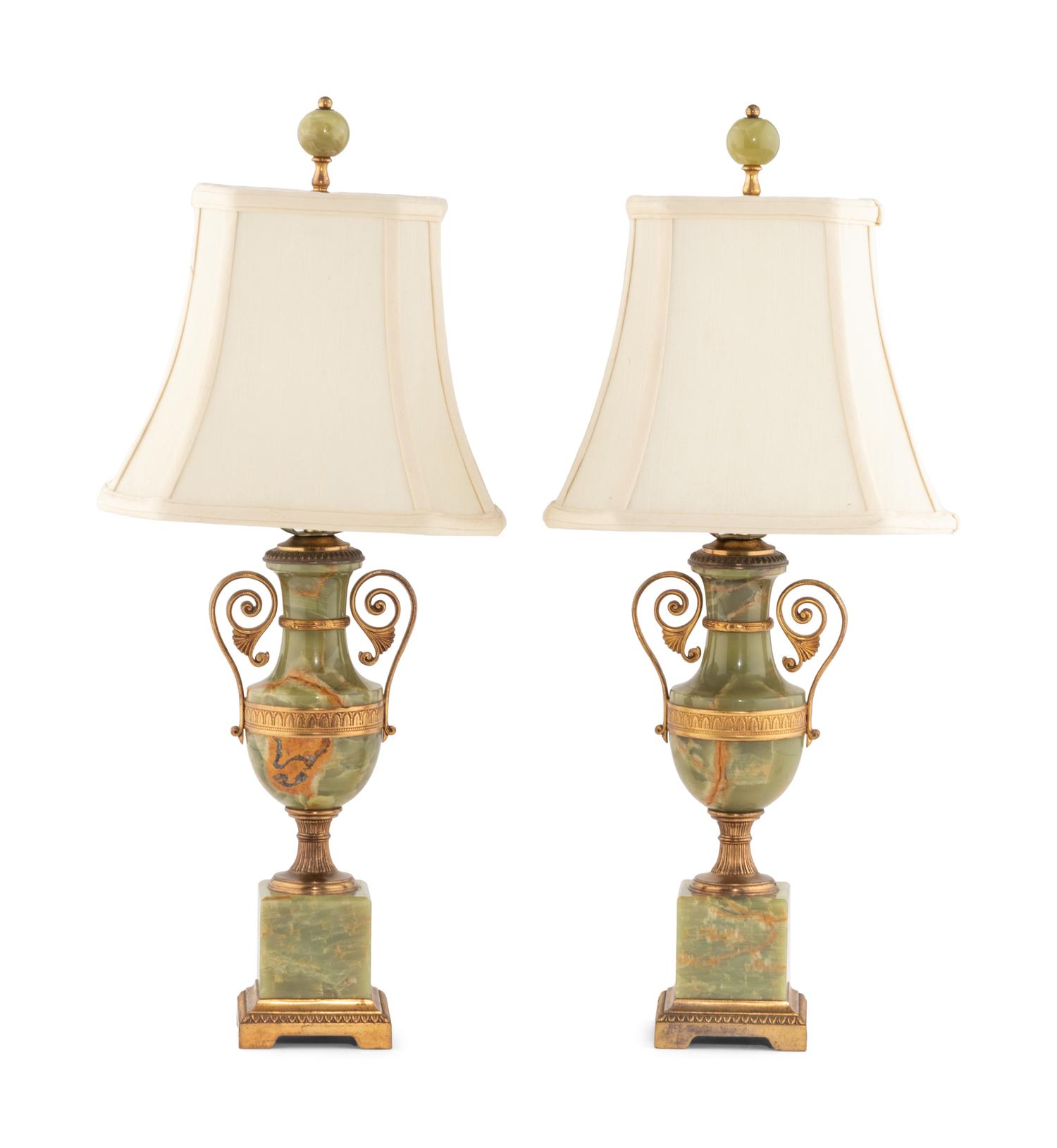 A Pair of Gilt Bronze Mounted Onyx Urn-Form Table Lamps