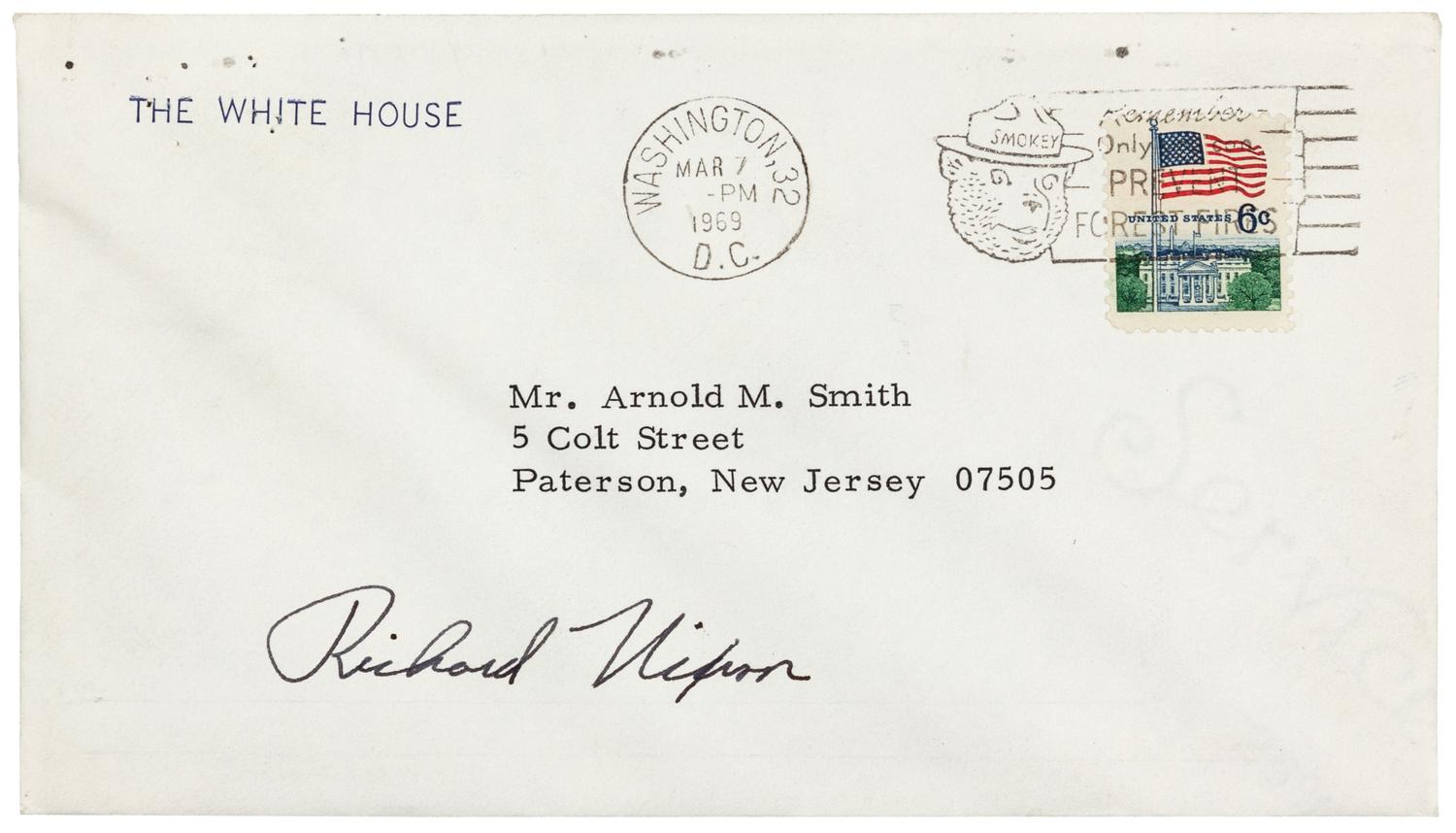 NIXON, Richard M. (1913-1994), President. Signature ("Richard Nixon"), as President. To Mr. Arnold M. Smith, Paterson, NJ, postmarked Washington D. C., 7 March 1969.