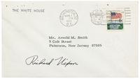 NIXON, Richard M. (1913-1994), President. Signature ("Richard Nixon"), as President. To Mr. Arnold M. Smith, Paterson, NJ, postmarked Washington D. C., 7 March 1969.