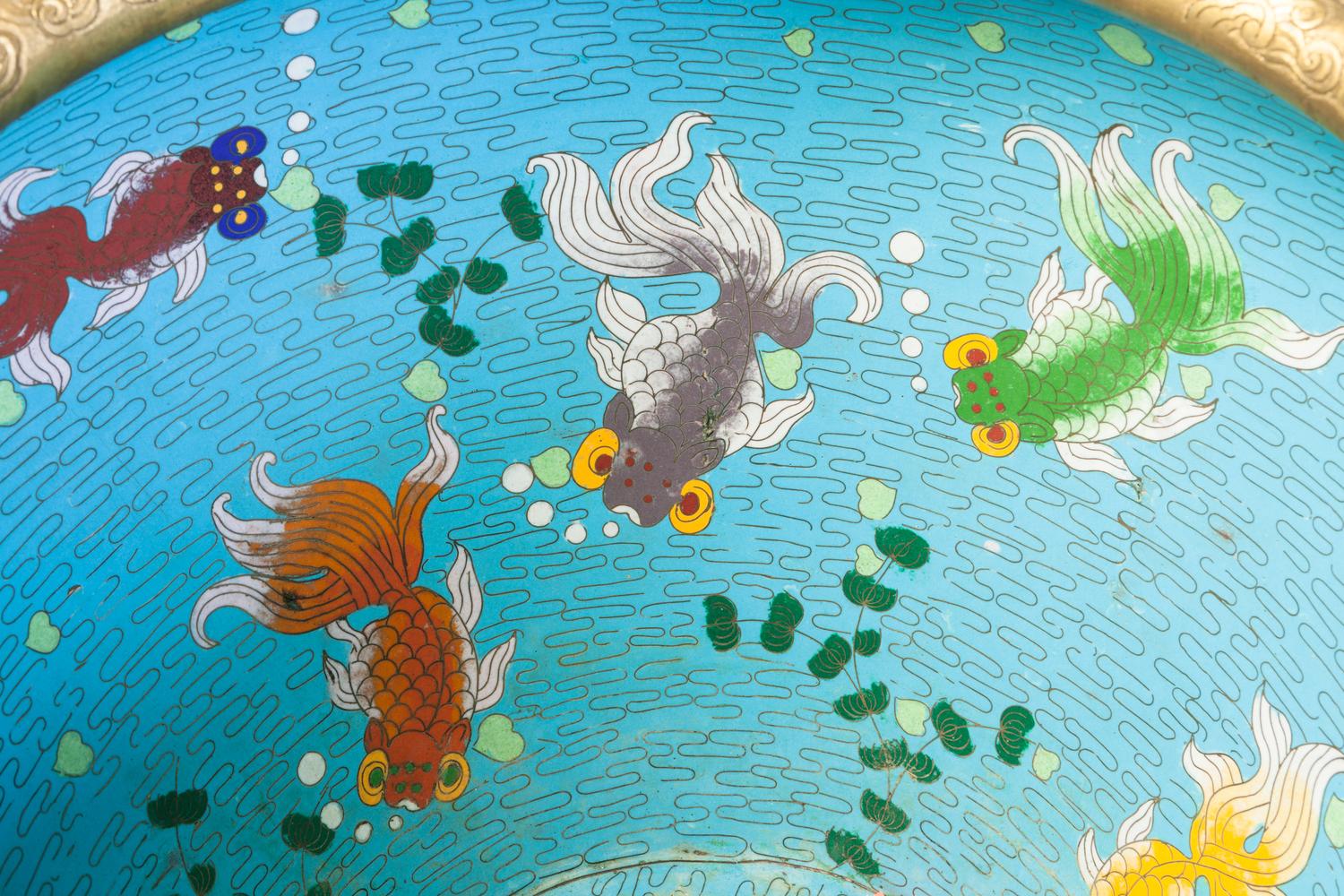 A Pair of Large Chinese Export Cloisonné Fish Bowls and Stands