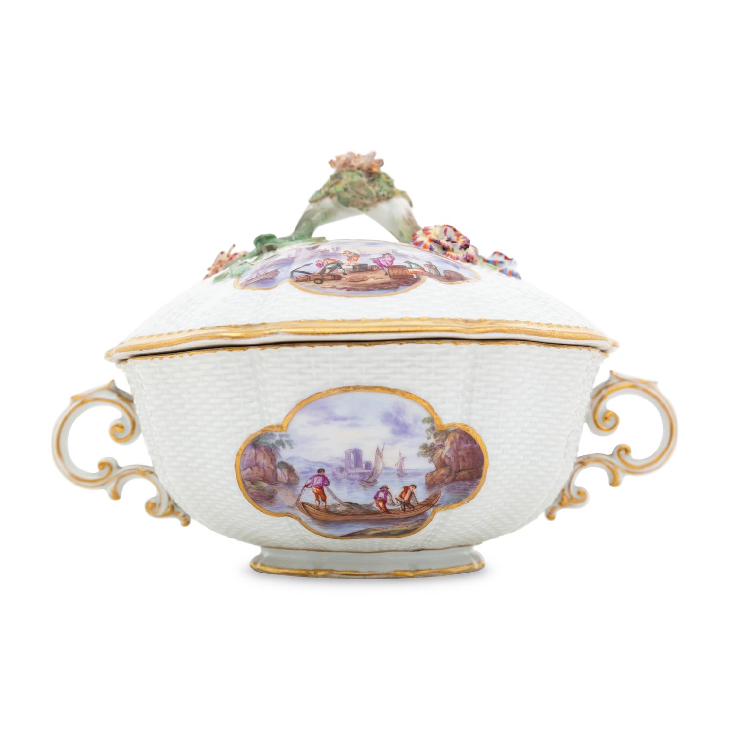A Meissen Porcelain Ozier-Molded Scenic Tureen with Stand