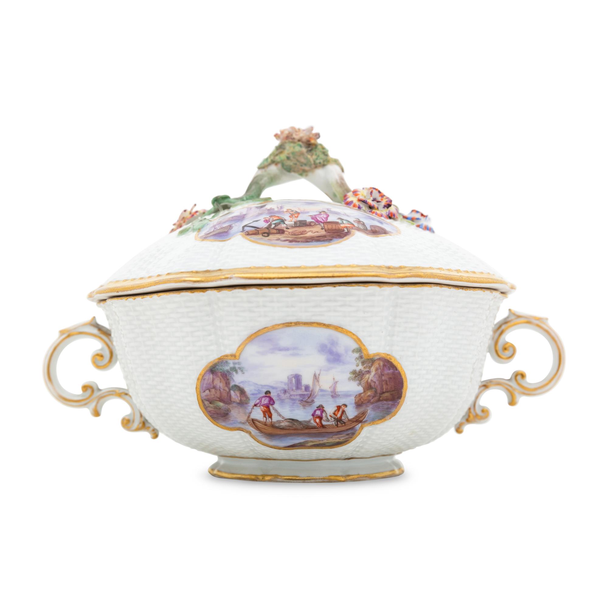 A Meissen Porcelain Ozier-Molded Scenic Tureen with Stand
