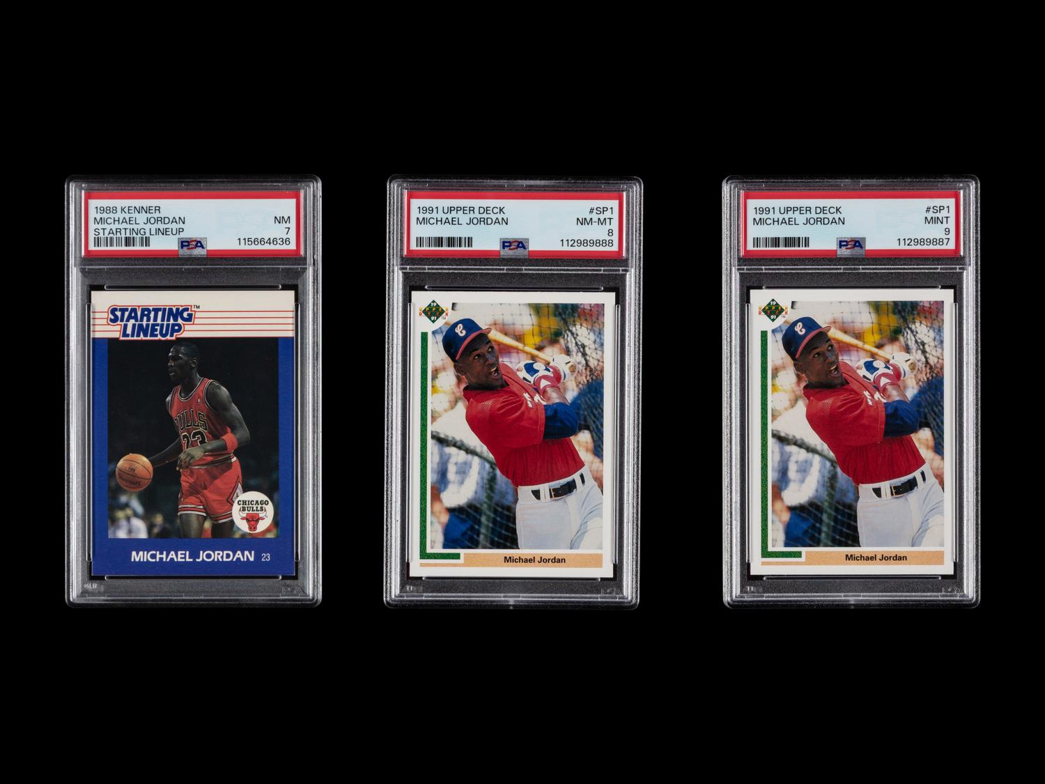 A Group of 1991 Upper Deck Michael Jordan Baseball Cards No. SP1 (PSA 9 MINT and PSA 8 NM-MT) and 1988 Kenner Michael Jordan Starting Lineup (PSA 7)