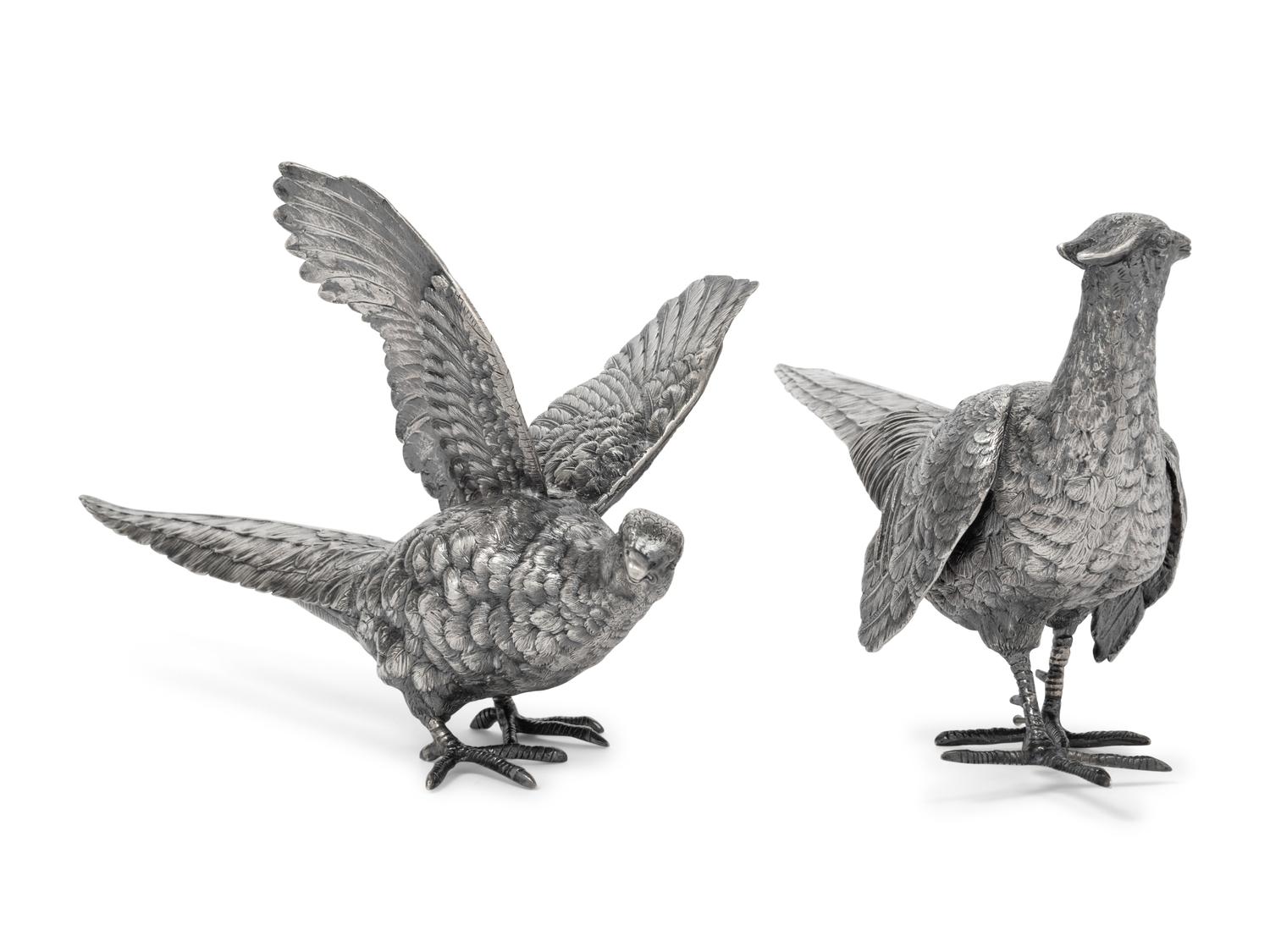 A Pair of Continental Silver-Plate Models of Pheasants