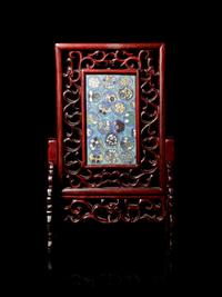 A Small Cloisonné Enamel Inset Rosewood Table Screen