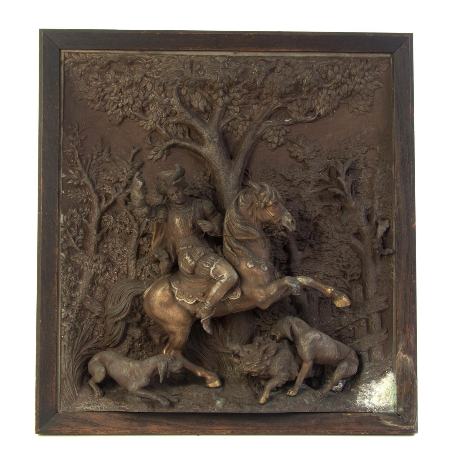 A Continental Cast Metal Relief Plaque, Height 17 x width 15 1/2 inches.