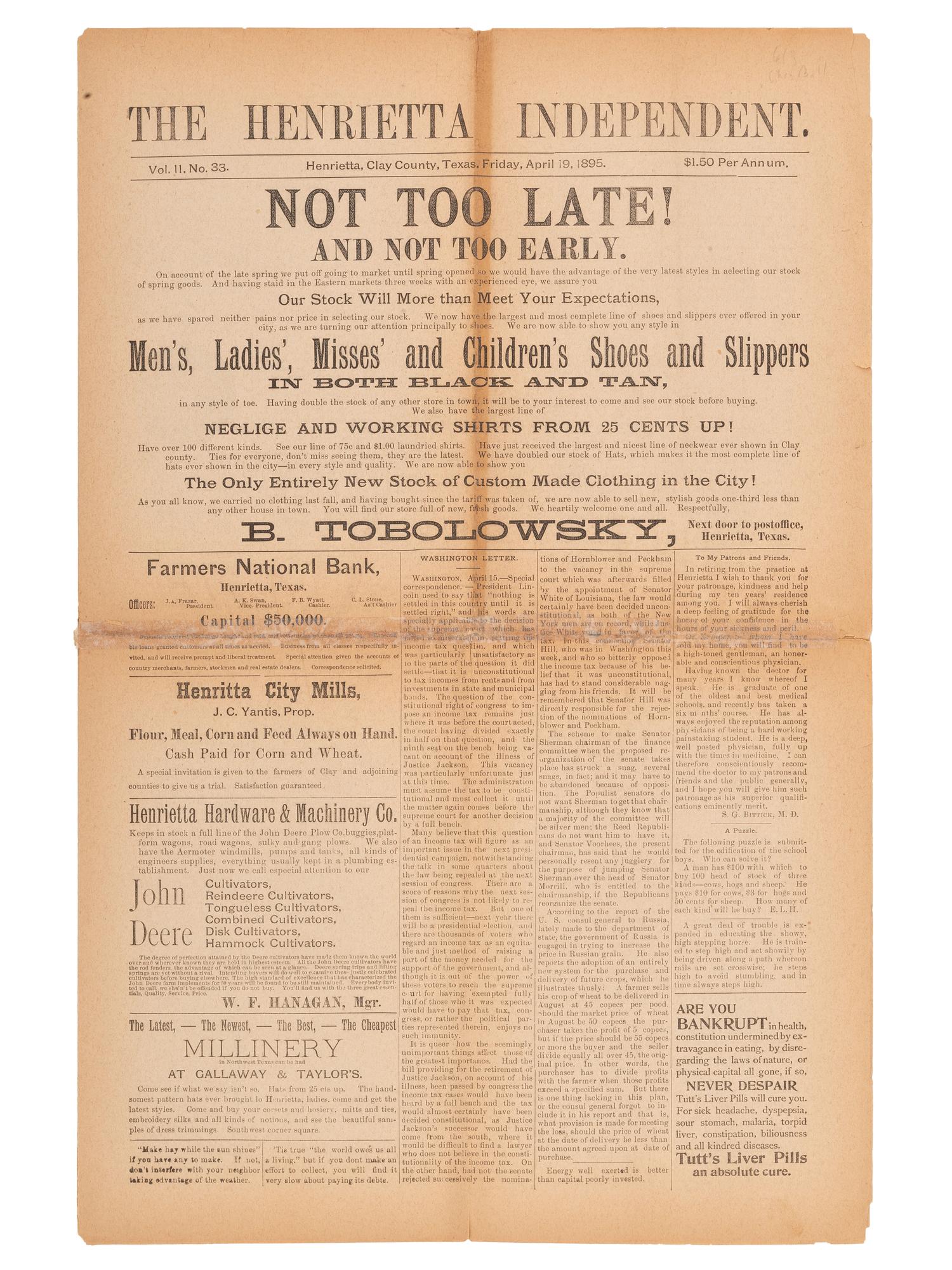 [OUTLAWS & LAWMEN]. The Henrietta Independent . Vol. II, No. 33. Clay County, TX: 19 April 1895. Featuring portrait of outlaw "Cherokee Bill" and details about his execution.