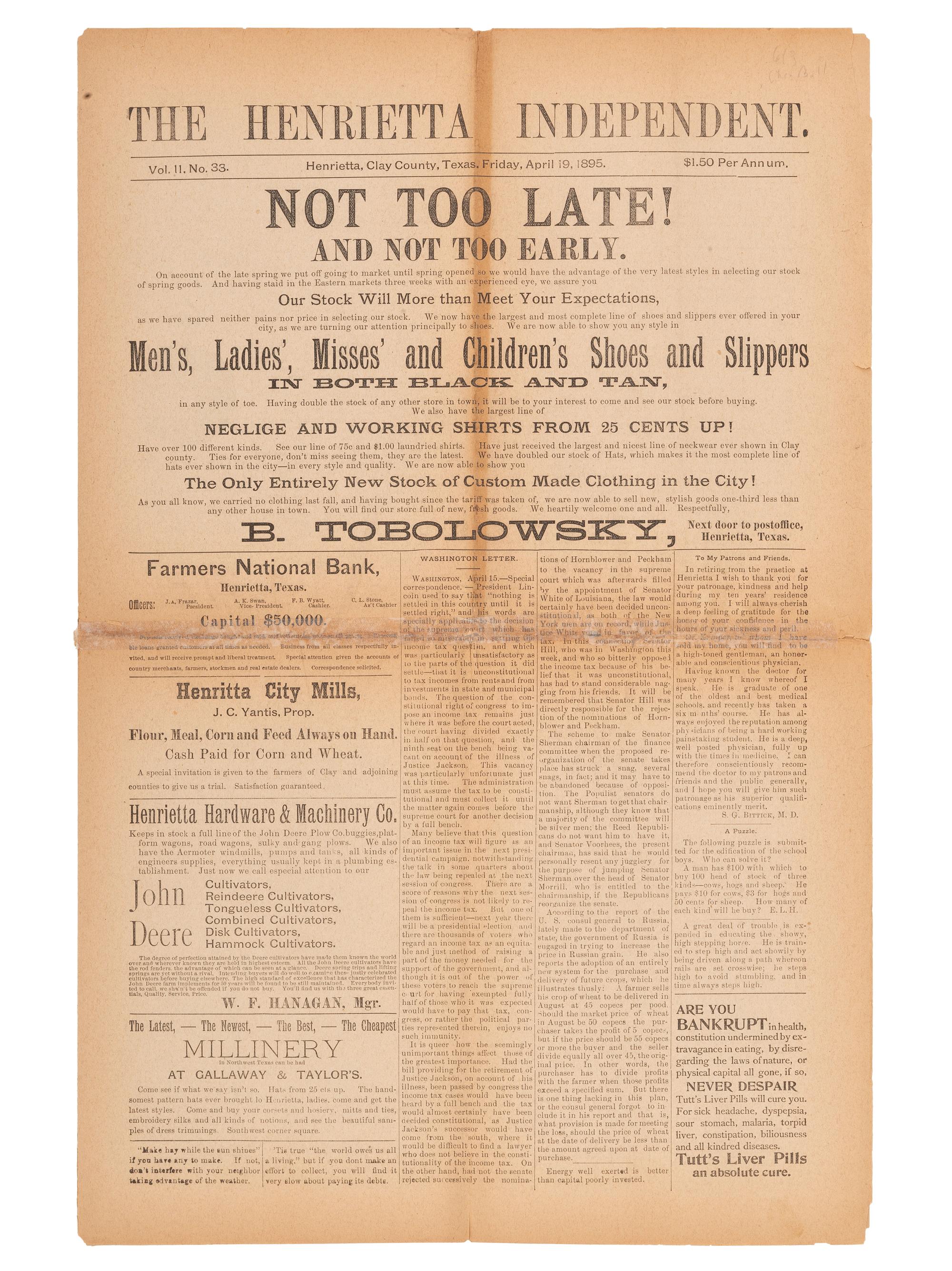 [OUTLAWS & LAWMEN]. The Henrietta Independent . Vol. II, No. 33. Clay County, TX: 19 April 1895. Featuring portrait of outlaw "Cherokee Bill" and details about his execution.