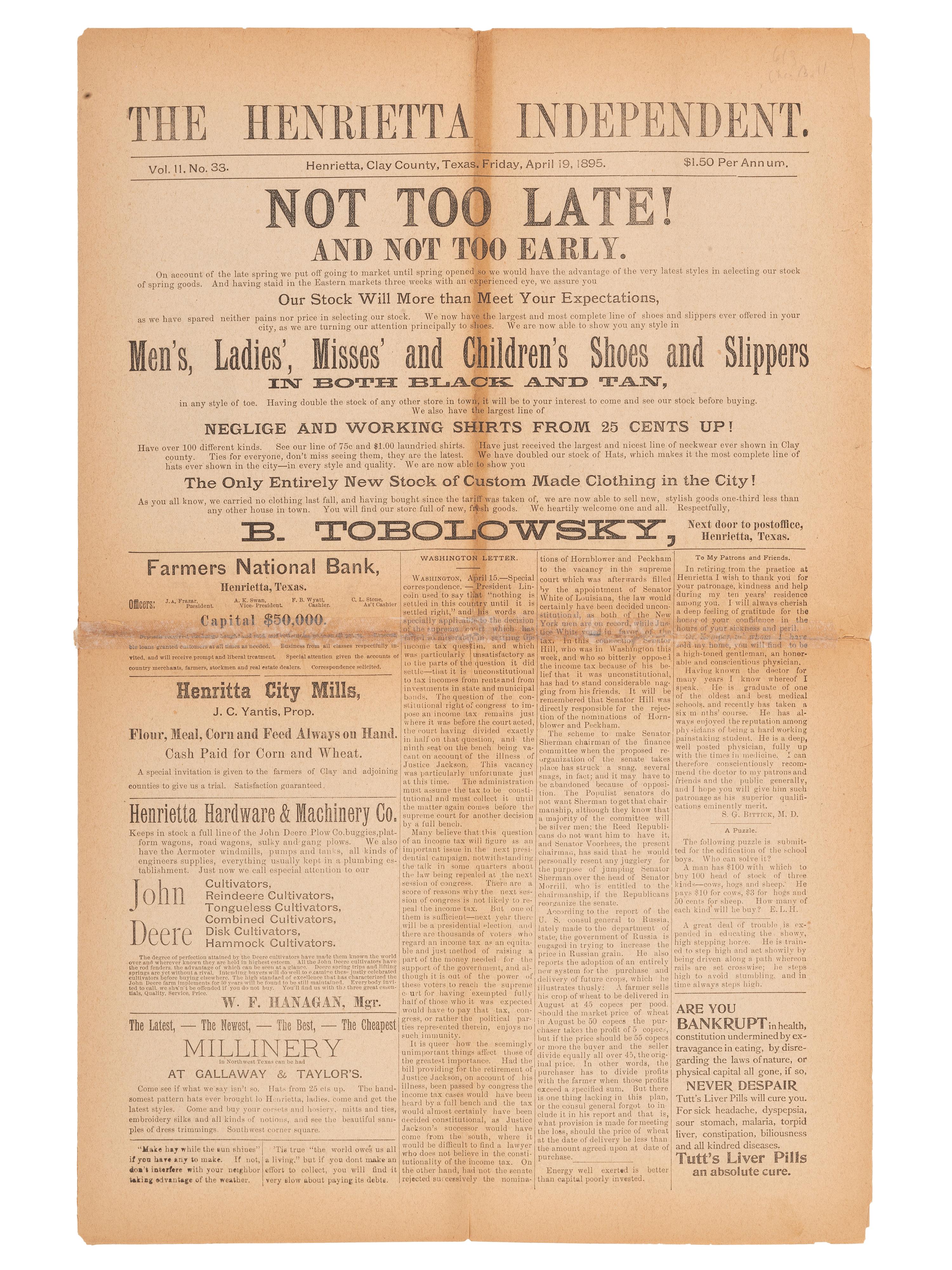 [OUTLAWS & LAWMEN]. The Henrietta Independent . Vol. II, No. 33. Clay County, TX: 19 April 1895. Featuring portrait of outlaw "Cherokee Bill" and details about his execution.