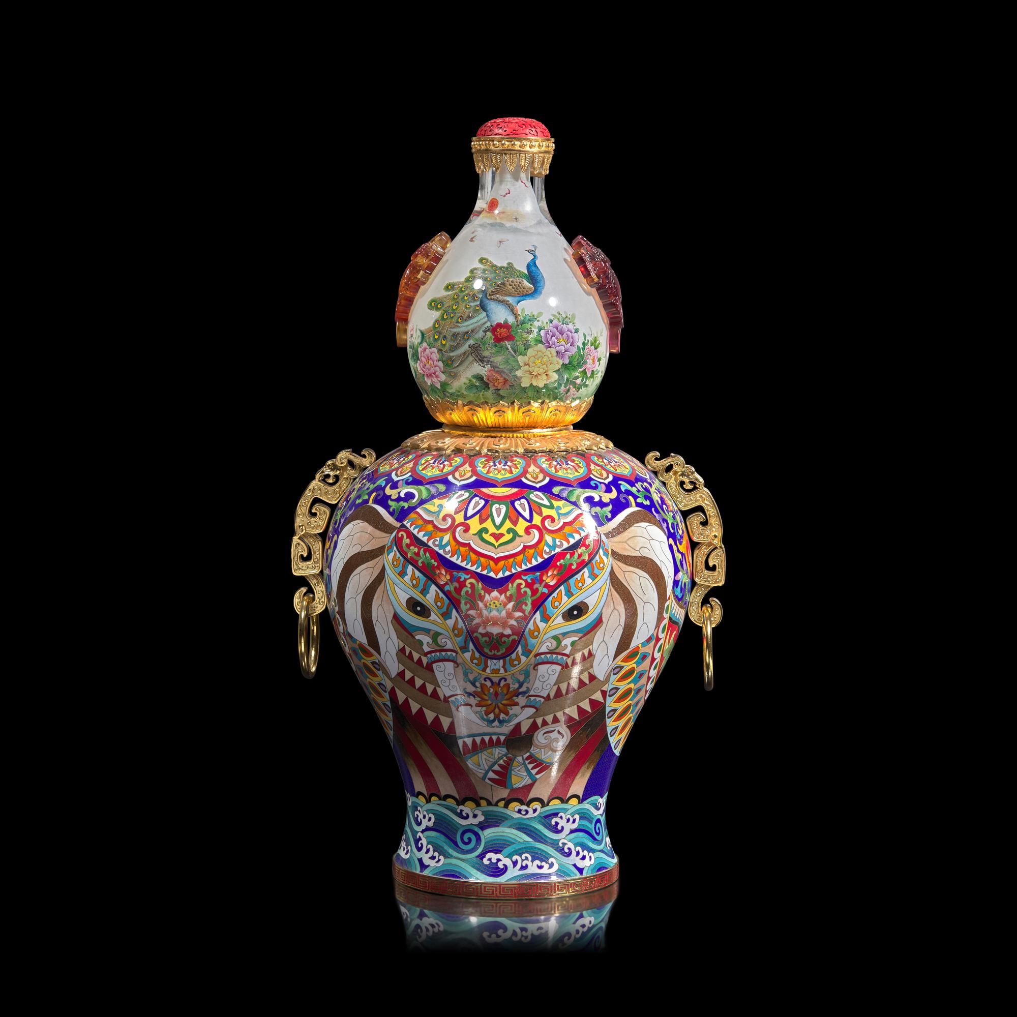 A Massive Chinese Interior-Painted Glass and Cloisonné Enamel Gourd-Form "Snuff Bottle" Ornament by Wang Xisan (b. 1938) and Zhang Tonglu (b. 1942)