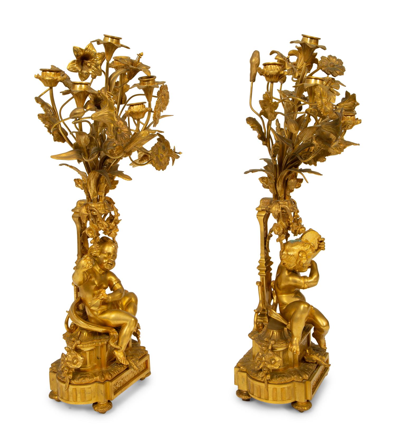 A Pair of Louis XV Style Six-Light Gilt Bronze Figural Candelabrum — 19TH CENTURY