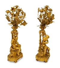 A Pair of Louis XV Style Six-Light Gilt Bronze Figural Candelabrum — 19TH CENTURY