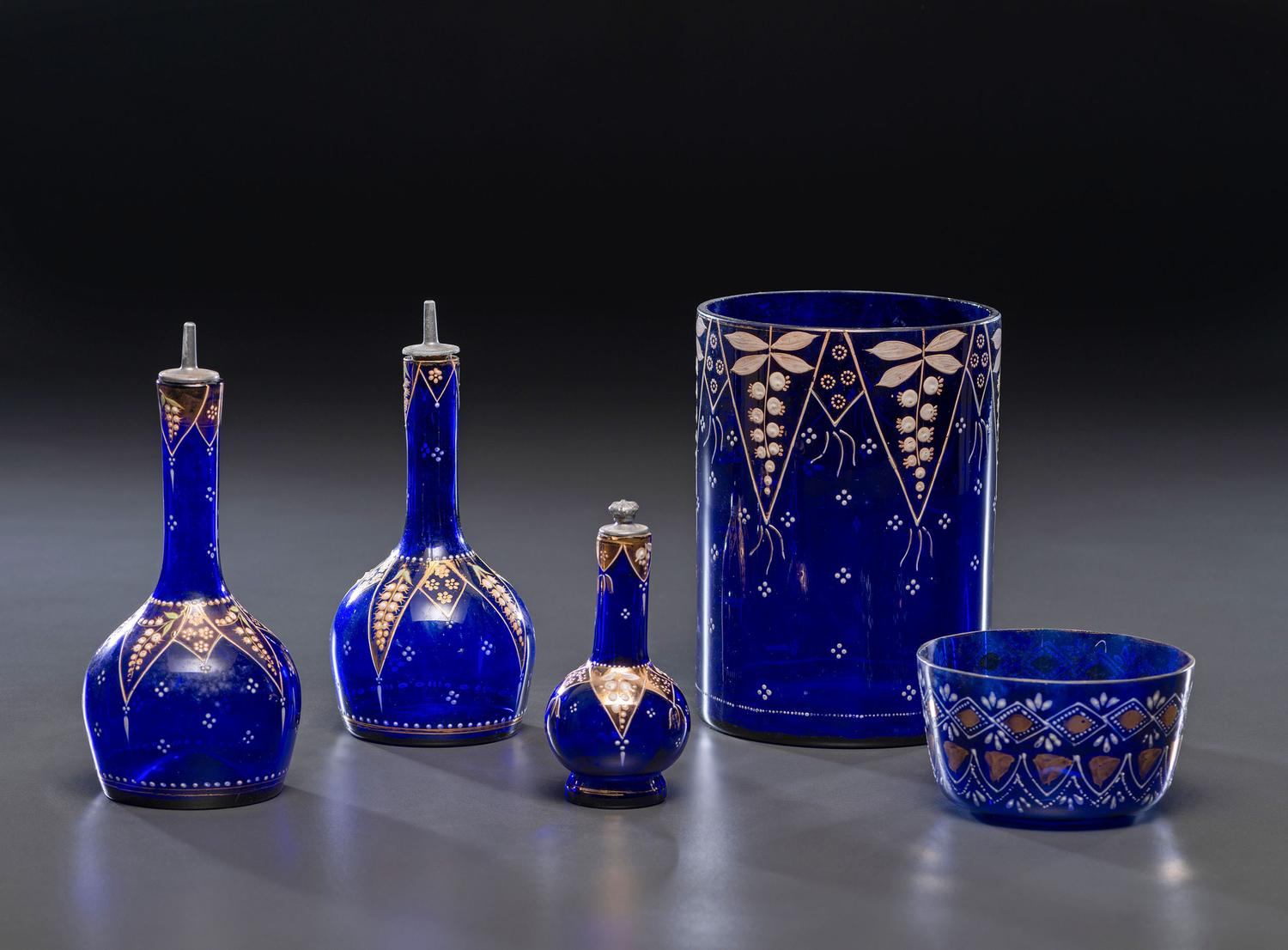 Five Enameled Cobalt Glass Barber Articles