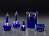 Five Enameled Cobalt Glass Barber Articles