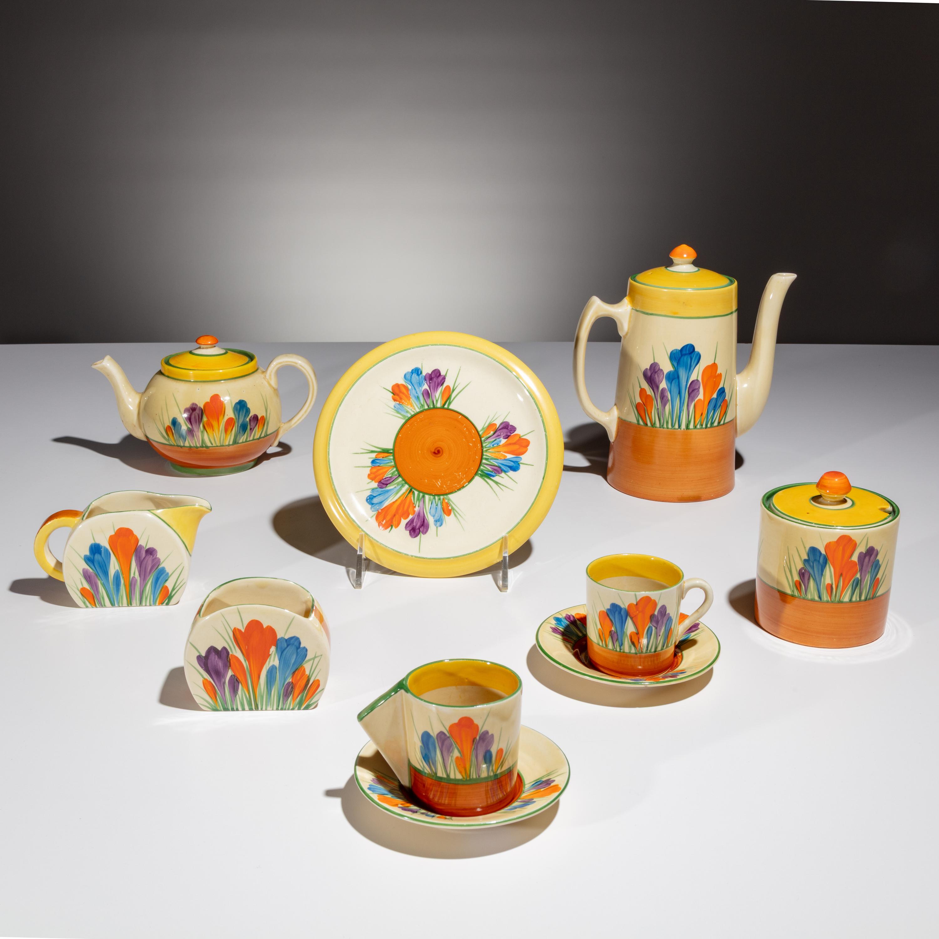 Clarice Cliff (English, 1899–1972) — Autumn Crocus pattern Tea Service, 10 pieces