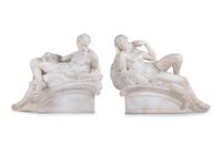 A Pair of Carved Alabaster Figures of Dusk and Dawn , After Michelangelo from The Tomb of Lorenzo de Medici