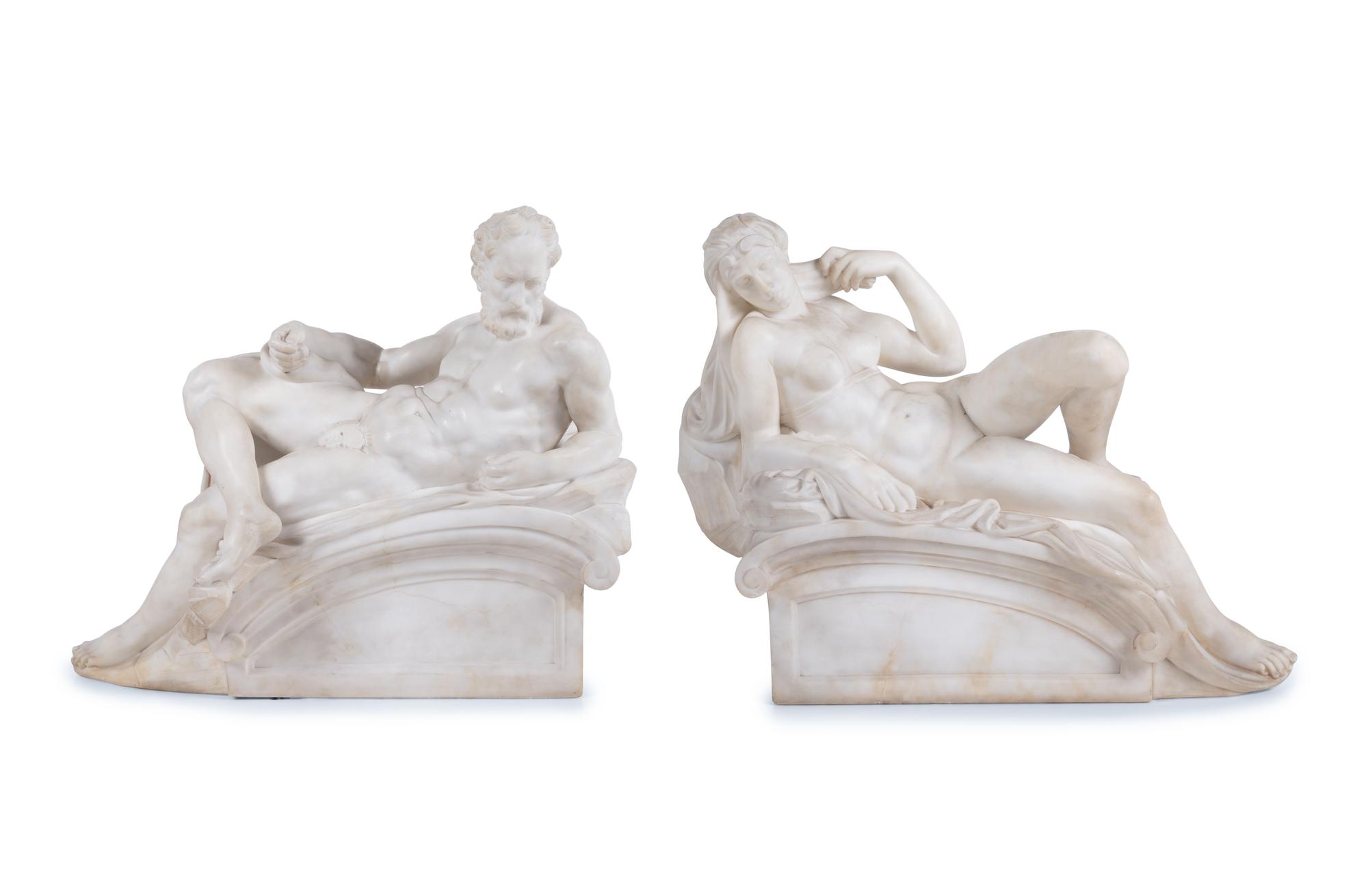 A Pair of Carved Alabaster Figures of Dusk and Dawn , After Michelangelo from The Tomb of Lorenzo de Medici