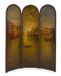 A Painted Leather Three-Panel Floor Screen Height 60 x width of each panel 20 inches. — LATE 19TH/EARLY 20TH CENTURY