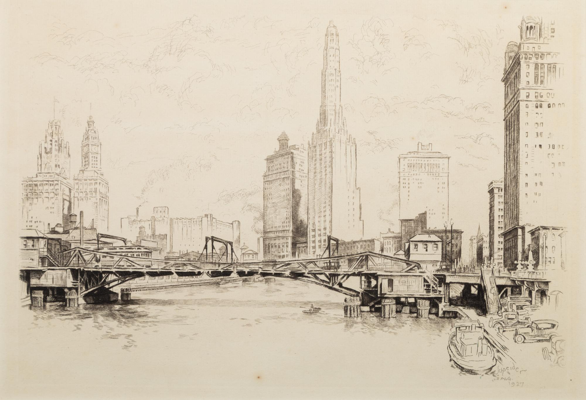 [CHICAGO ARCHITECTURE]. A group of 10 drypoint etchings by Otto J. Schnieder, Karl Warren, S. Chester Danforth and others, including: