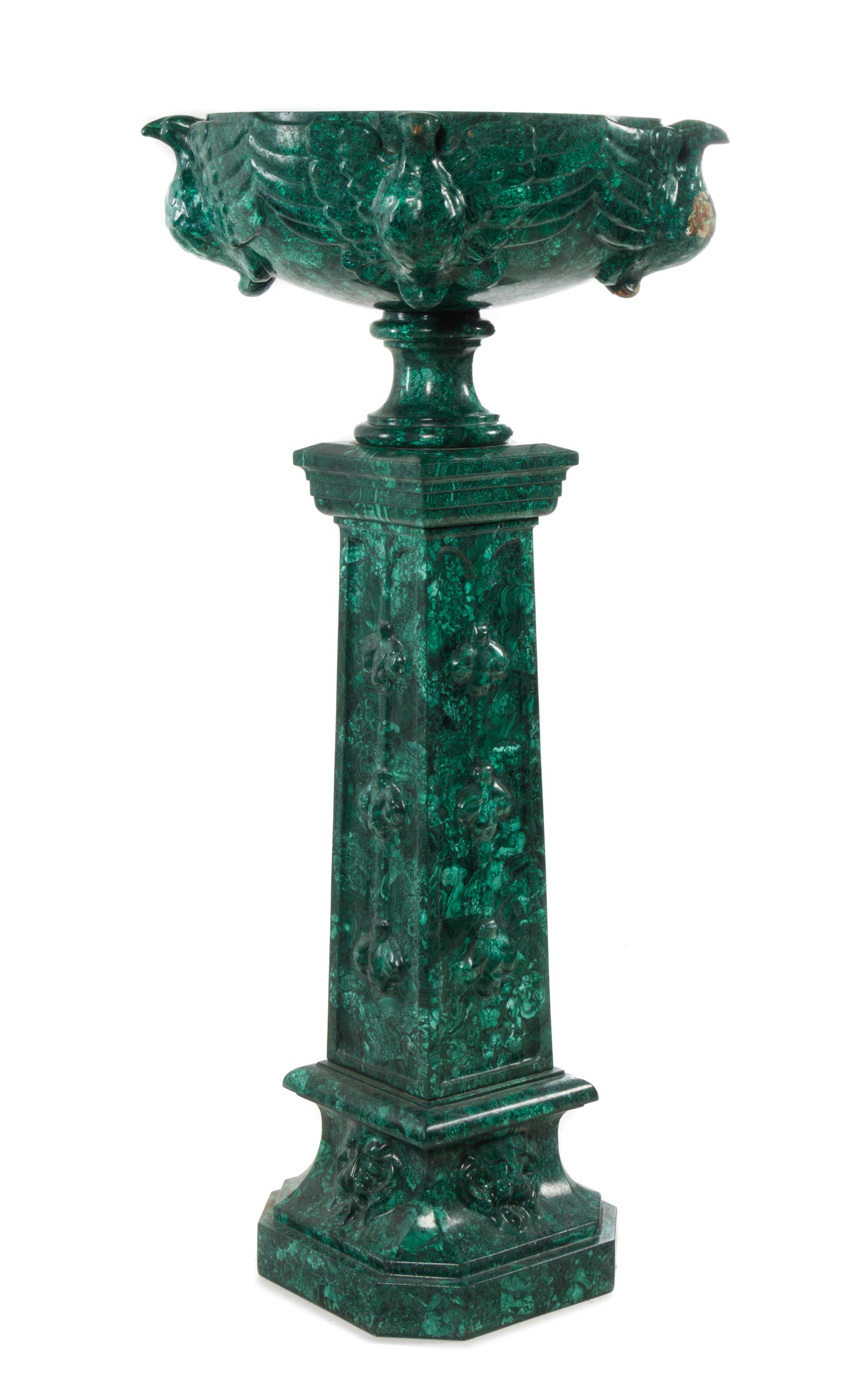 A Continental Malachite Veneered Basin on Stand Height overall 55 inches. — 19TH/20TH CENTURY