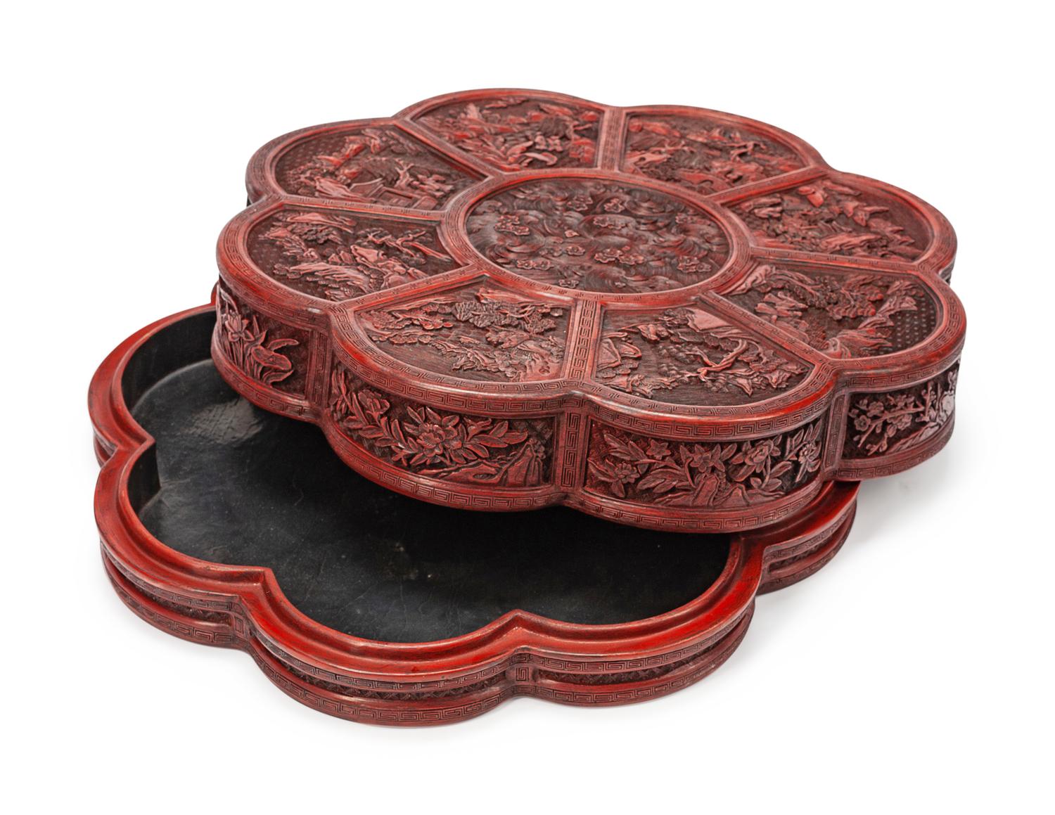 A Chinese Carved Red Lacquer Floriform Box