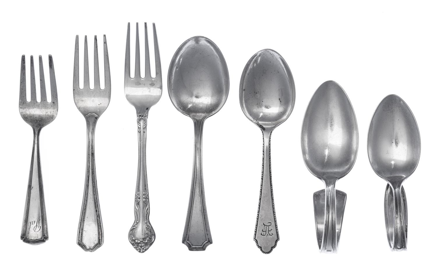 A Group of Silver Baby Spoons and Forks, Various Makers, comprising: 2 bent spoons 10 spoons 8 forks 2 silver-plate bent spoons