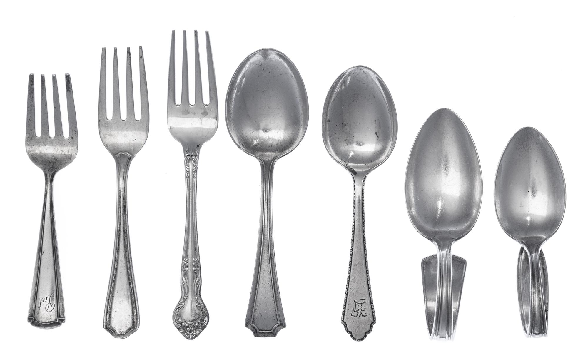 A Group of Silver Baby Spoons and Forks, Various Makers, comprising: 2 bent spoons 10 spoons 8 forks 2 silver-plate bent spoons