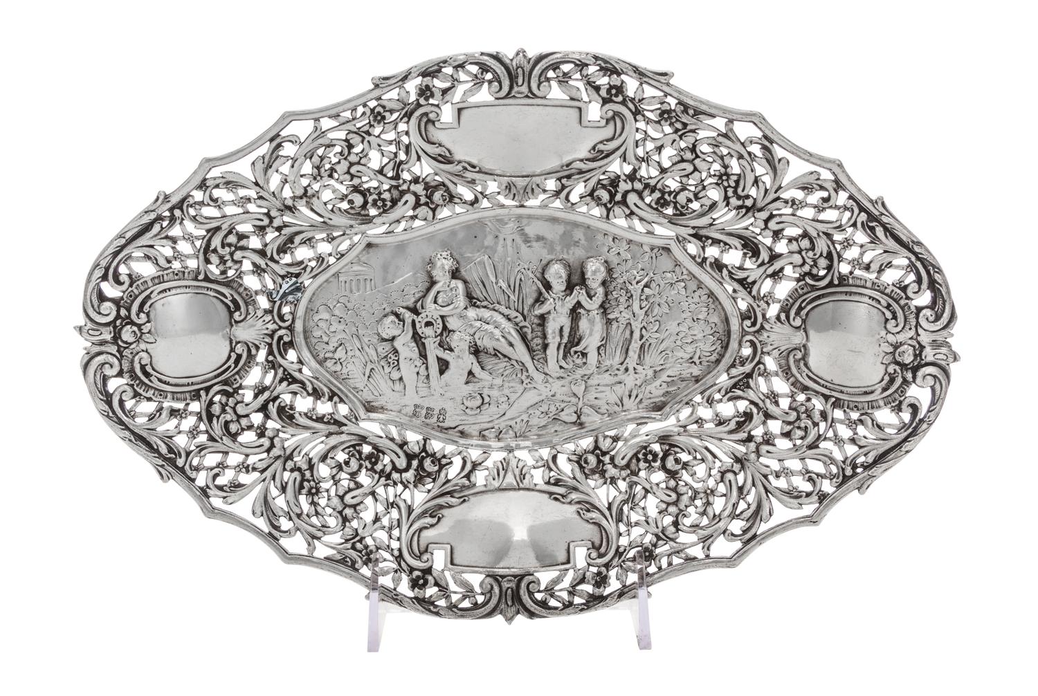 A German Hanau Silver Bowl, Georg Roth & Co., Circa 1900, of oval form with figural and pierced foliate decoration.