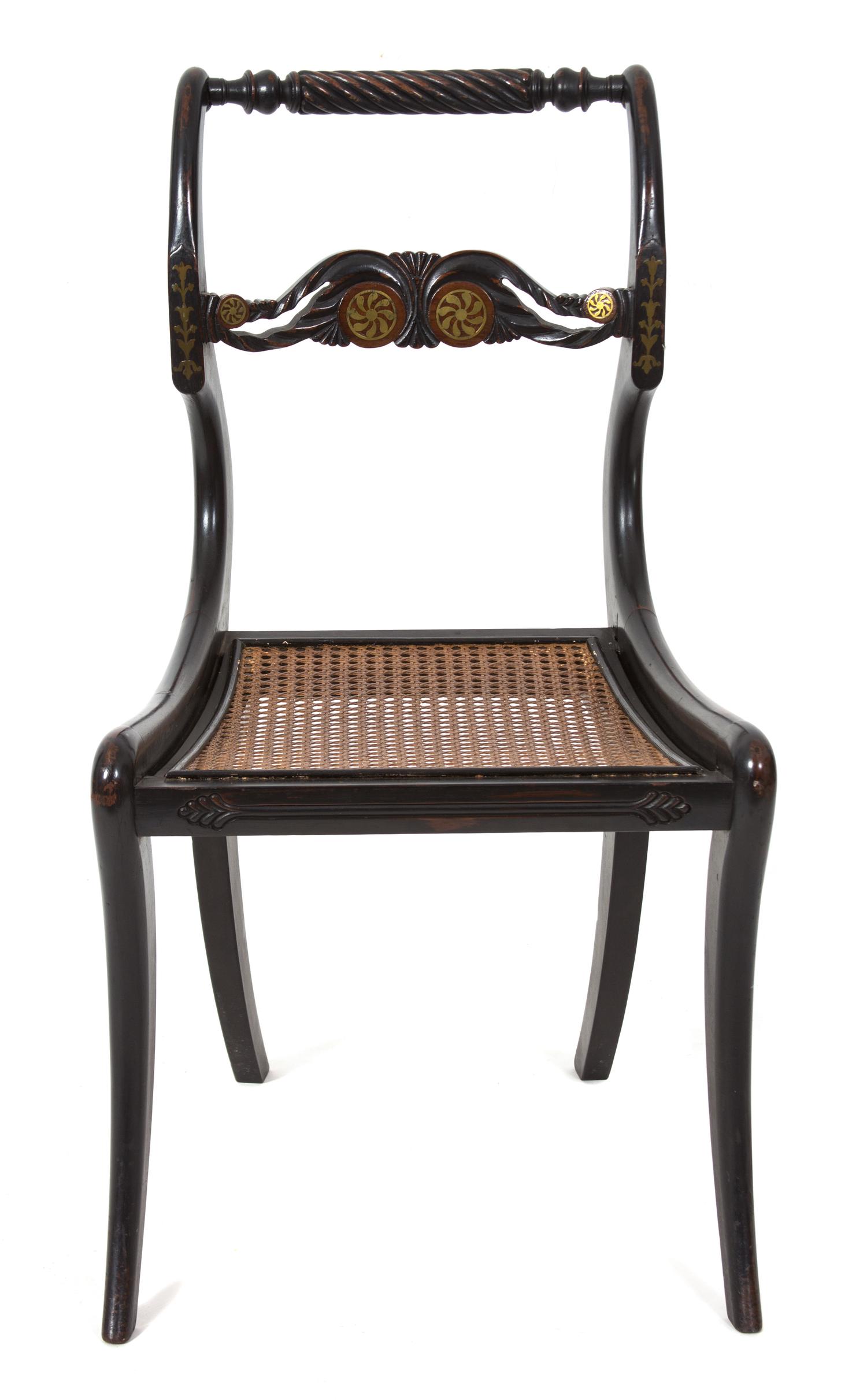 A Regency Ebonized and Brass Inlaid Cane Seat Side Chair Height 32 1/4 inches. — 19TH CENTURY