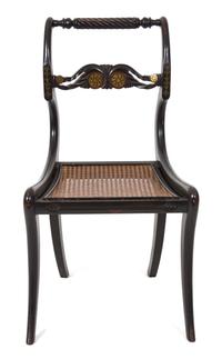 A Regency Ebonized and Brass Inlaid Cane Seat Side Chair Height 32 1/4 inches. — 19TH CENTURY