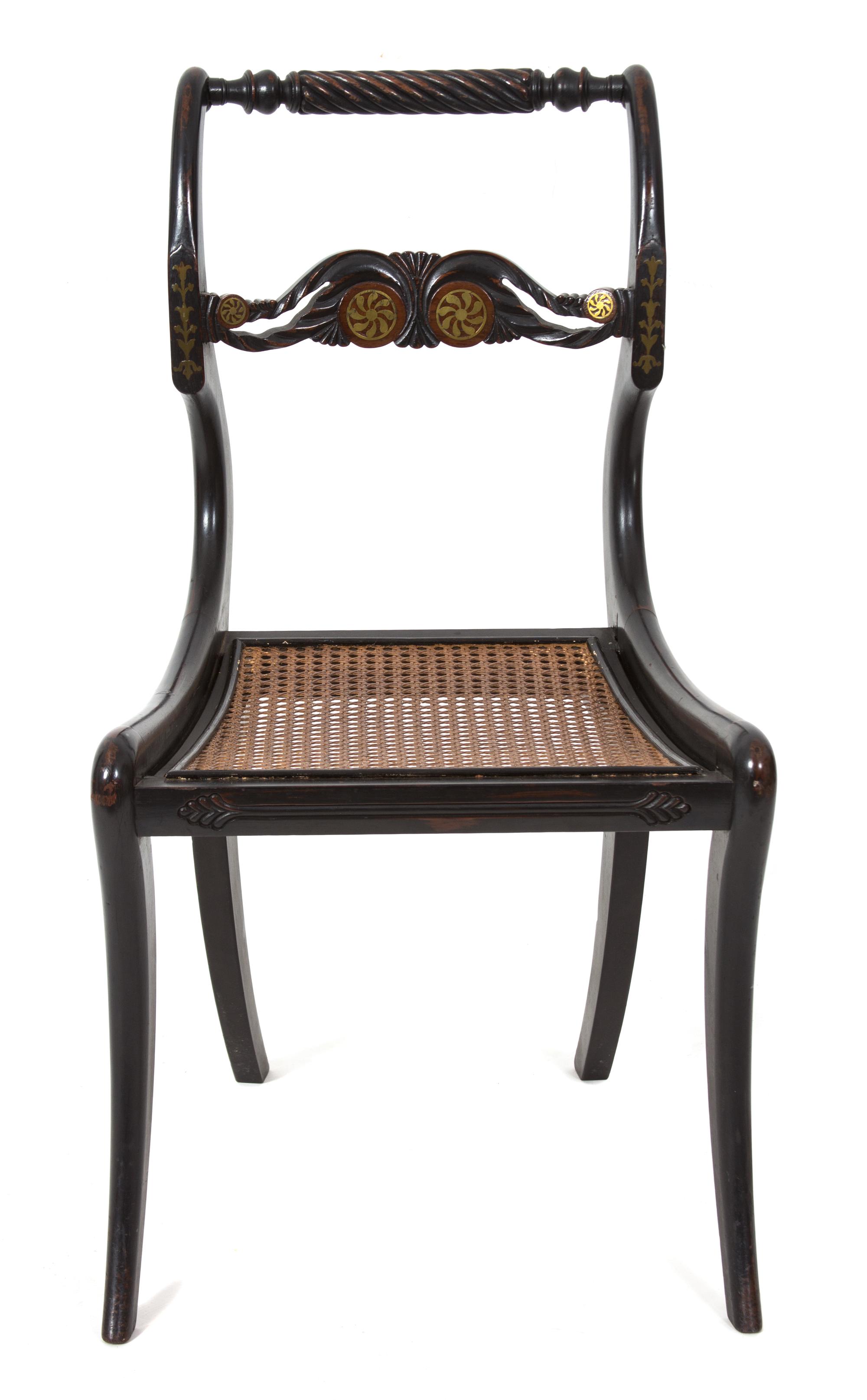 A Regency Ebonized and Brass Inlaid Cane Seat Side Chair Height 32 1/4 inches. — 19TH CENTURY