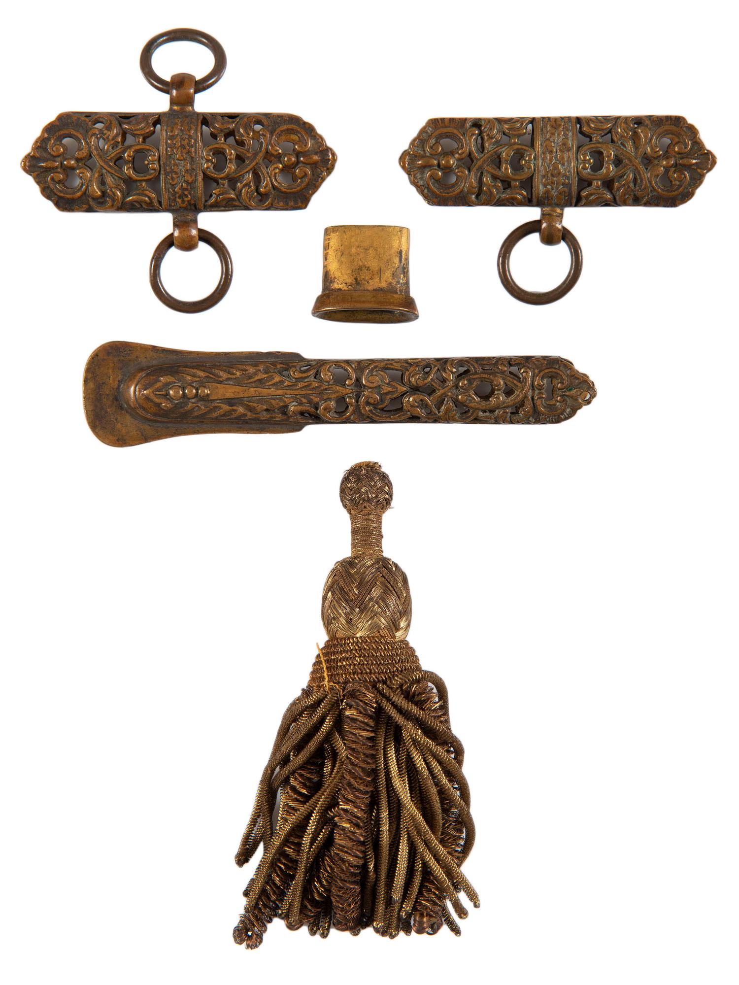 [CIVIL WAR - EQUIPMENT]. Civil War scabbard mounts and golden wire sword knot tassle.