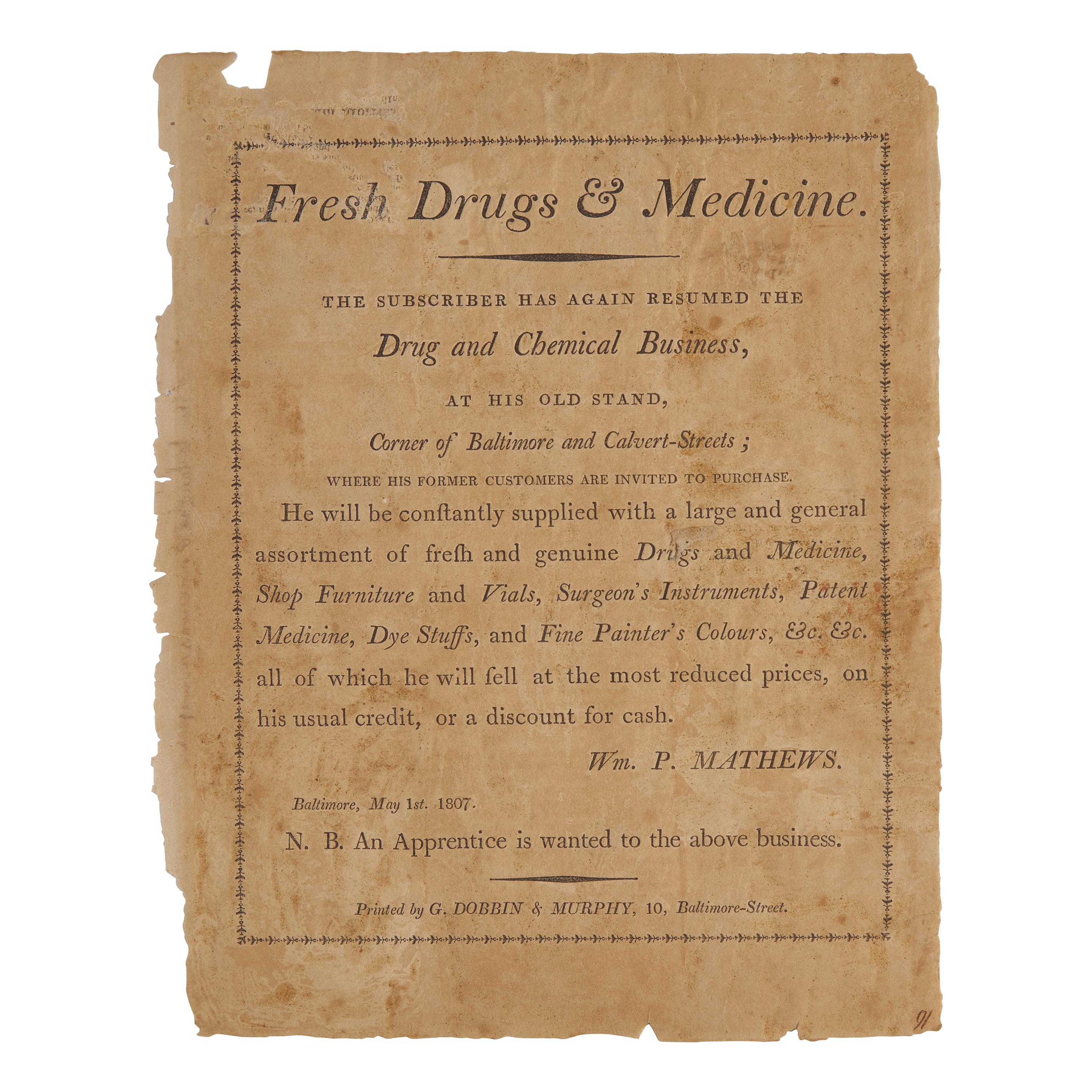 [Early American Trades] Rare Early Baltimore Druggist's Broadside