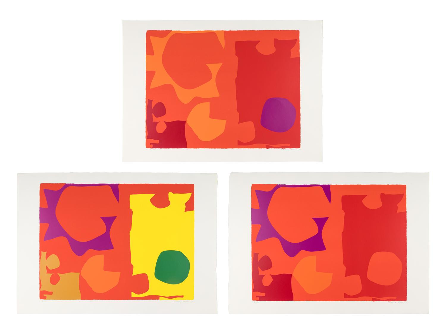 Six in Vermillion with Green in Yellow; Six in Vermillion with Violet in Red; and Six in Vermillion with Red in Red (a group of three prints), 1970