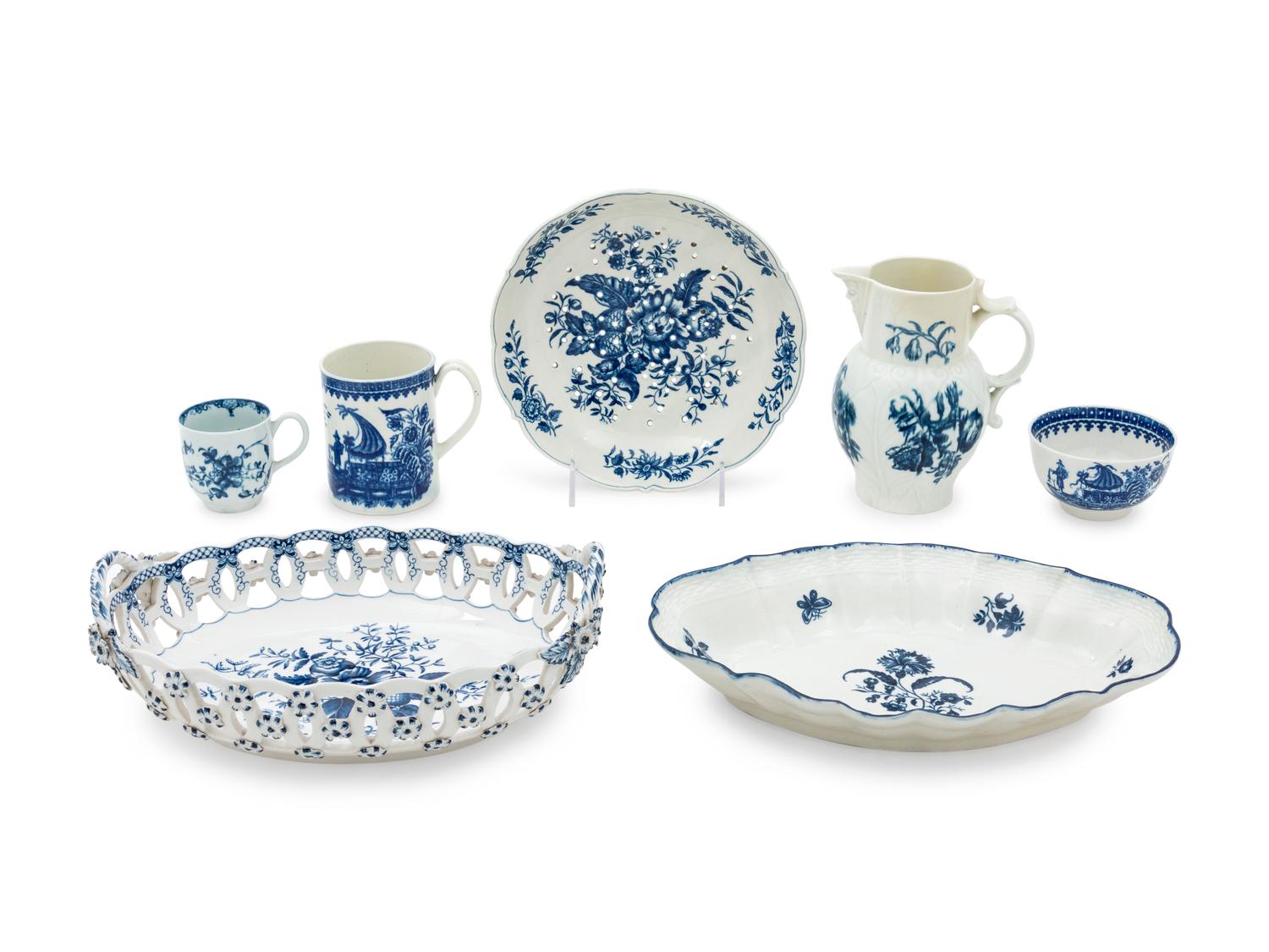 Seven Worcester Blue and White Porcelain Articles
