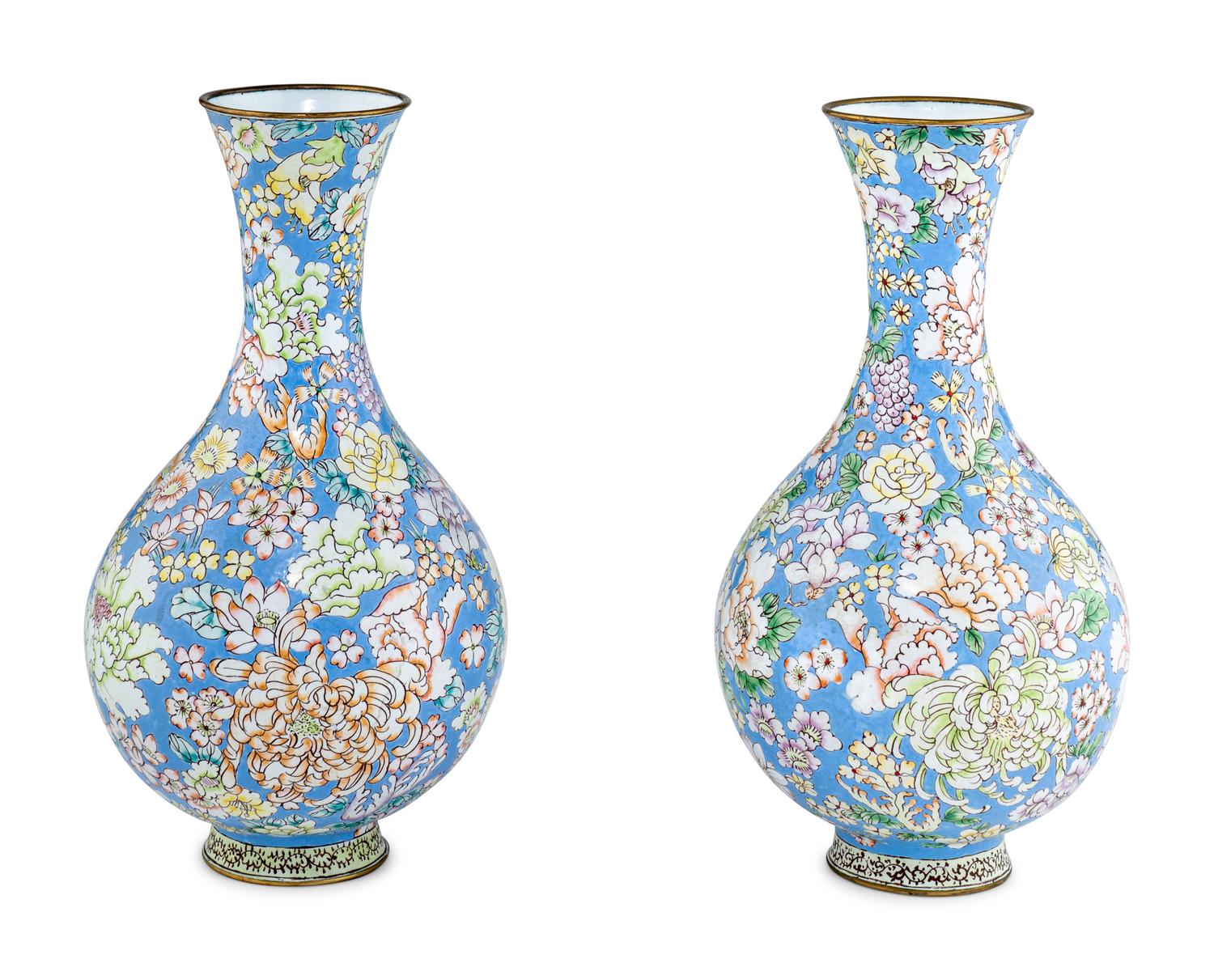A Pair of Chinese Canton Enamel on Copper Vases